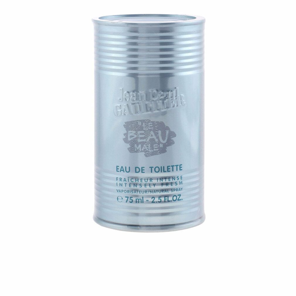 Hellblaues Eau de Toilette in zylindrischer Dose. Aufschrift: Jean Paul Gaultier Le Beau Male, Eau de Toilette, 75 ml.