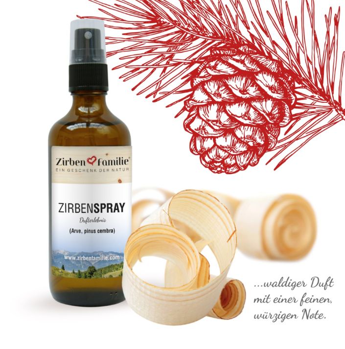 Braune Sprühflasche mit Zirbenspänen und einem Tropfen Flüssigkeit.