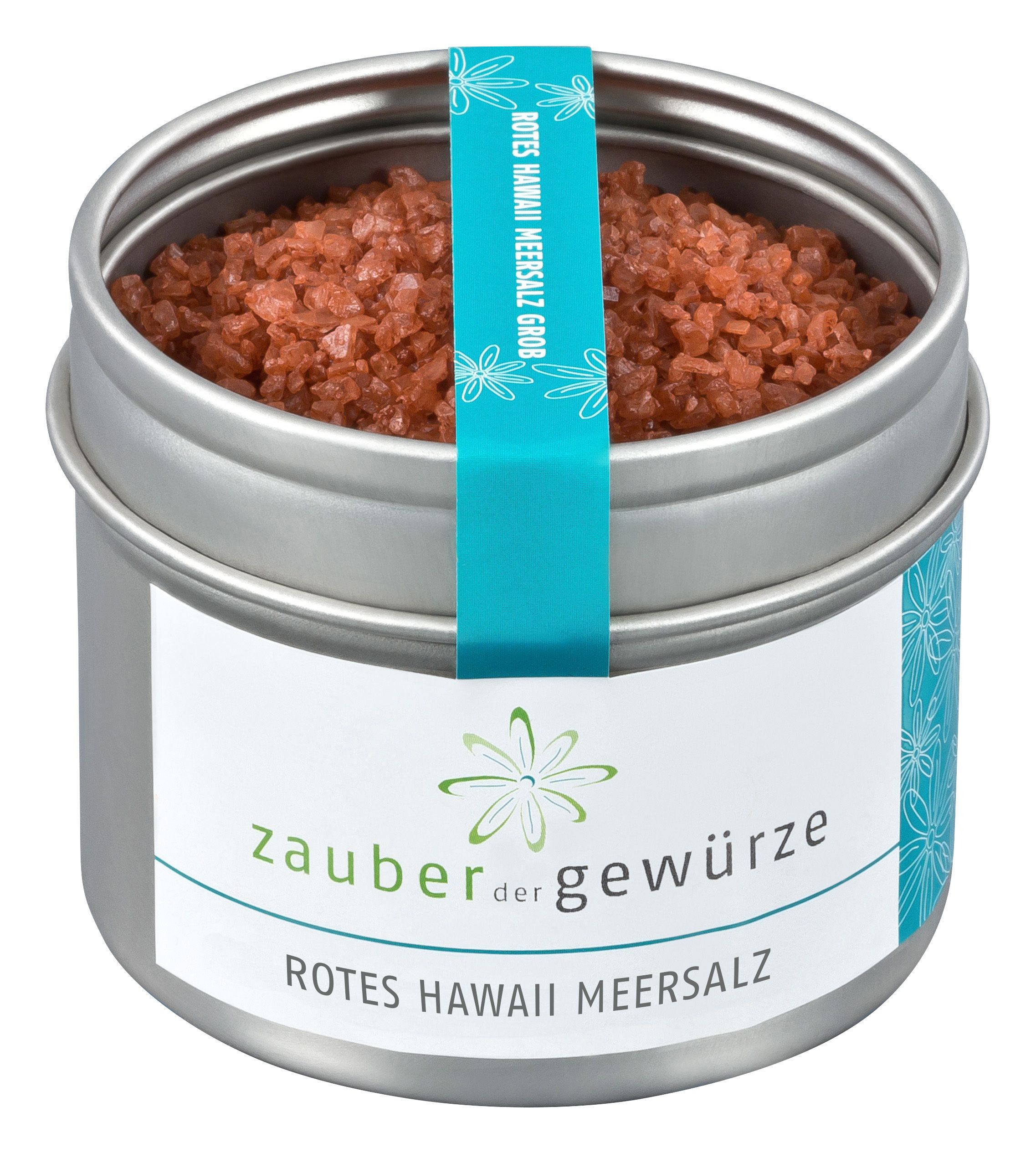 Rotes Hawaii Meersalz in Dose. Dose aus Metall, blaues Band mit Schriftzug. Aufschrift: Zauber der Gewürze, Rotes Hawaii Meersalz grob.