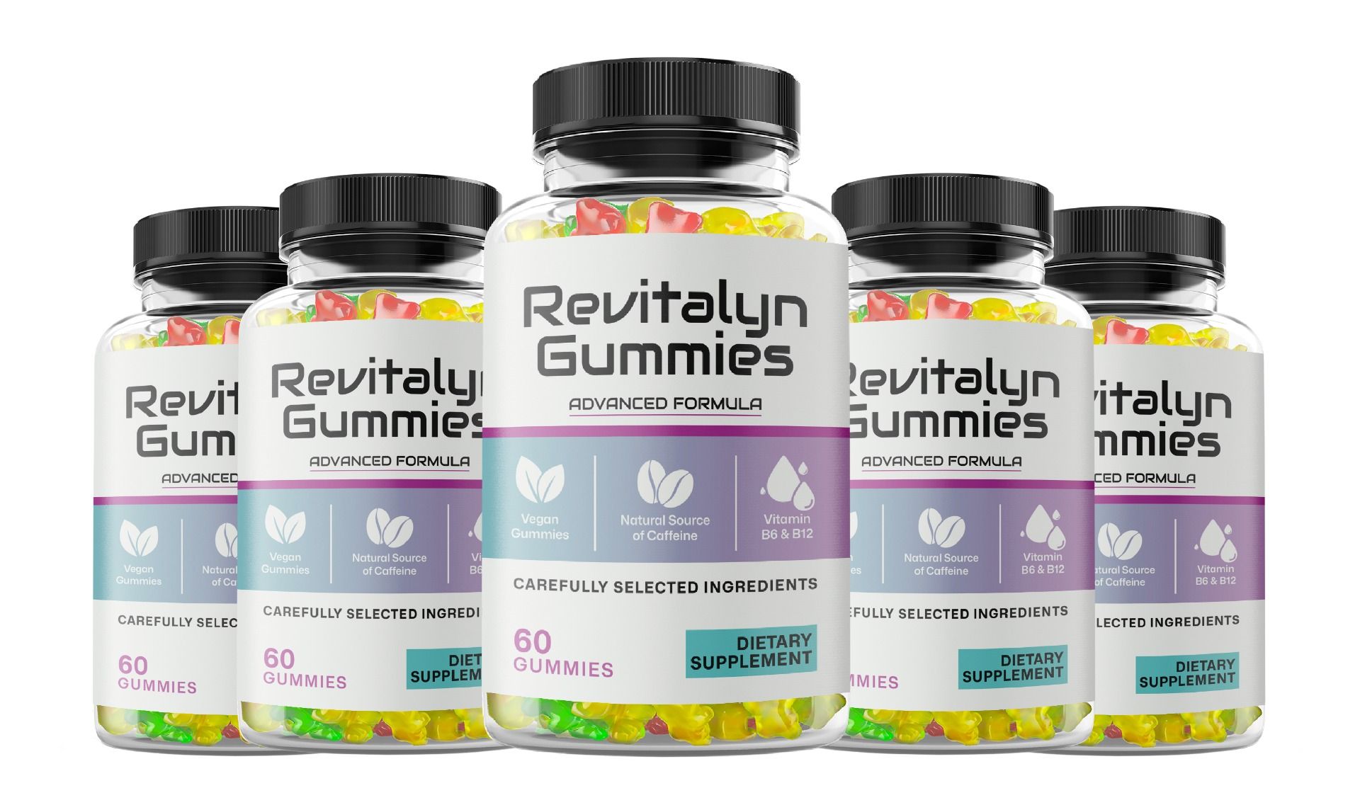 Fünf Flaschen Revitalyn Gummies, 60 Stück pro Flasche, mit Fruchtgeschmack. Enthält Vitamine B6 & B12.