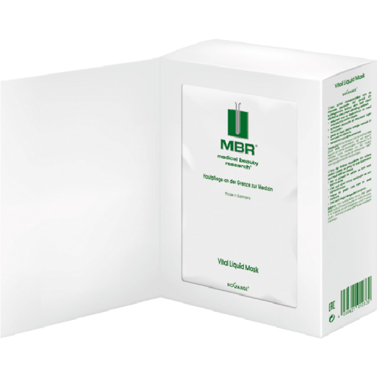 Weiße Verpackung mit MBR-Logo und Produktbezeichnung Vital Liquid Mask. Geöffnete Verpackung zeigt Produktbeutel.
