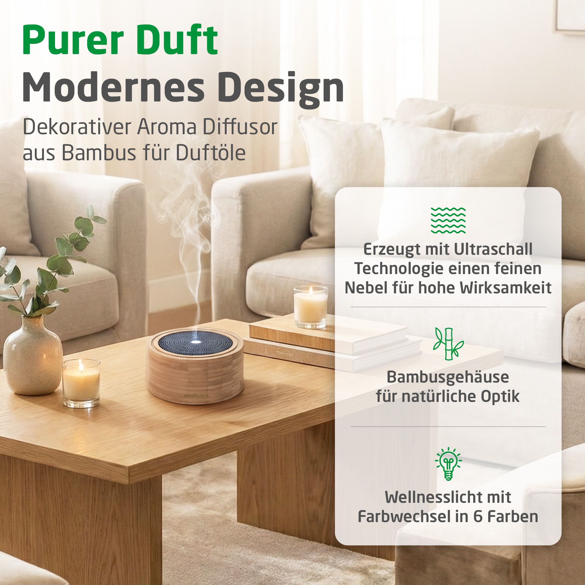 Bambus-Aroma-Diffusor auf einem Holztisch, mit Kerzen und Textfeldern, die Funktionen beschreiben.