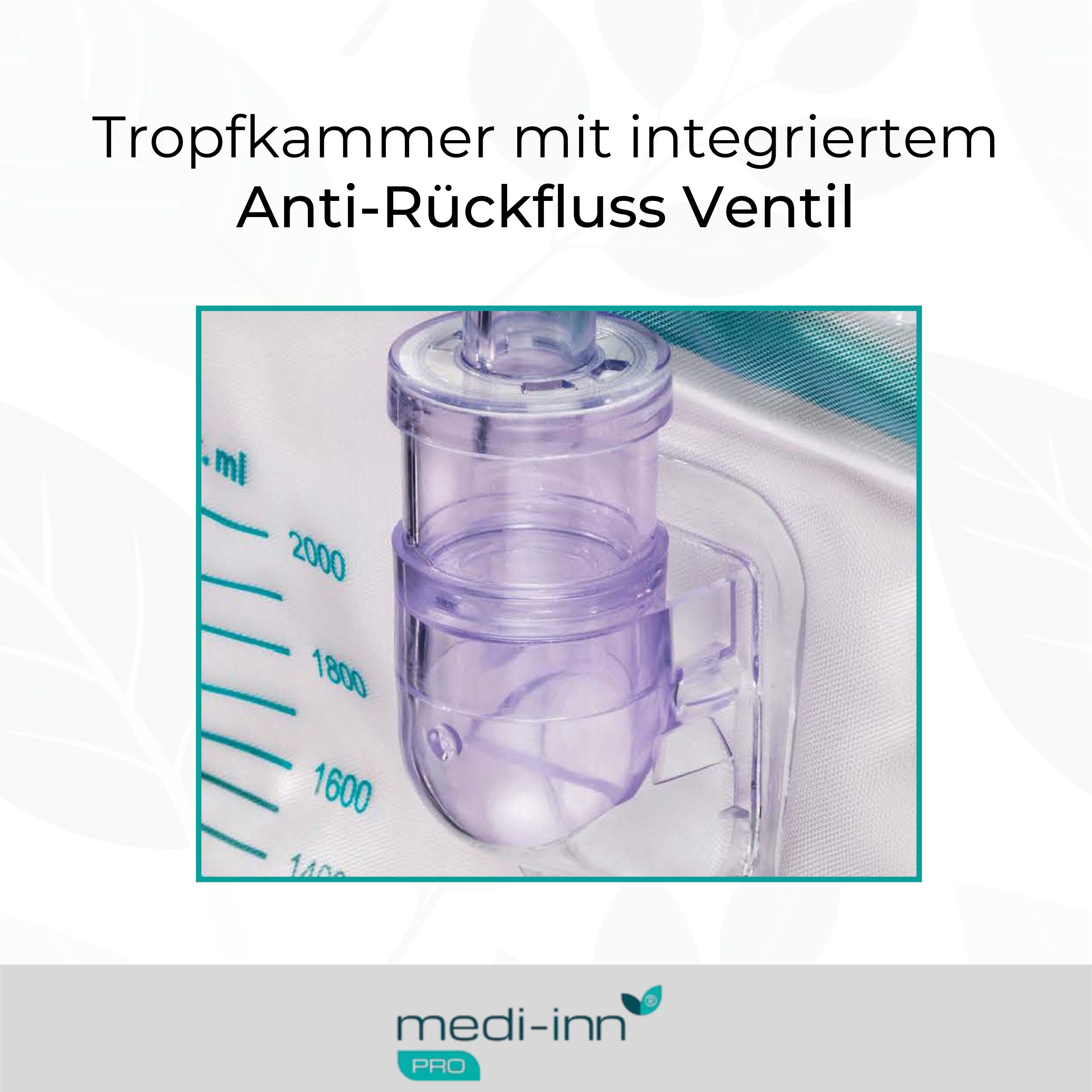 Tropfkammer mit integriertem Anti-Rückfluss-Ventil. Transparenter Behälter mit Skala bis 2000 ml. Sichtbar: medi-inn PRO Logo.