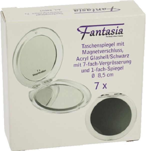 Verpackung mit rundem Taschenspiegel, Acryl, 7-fach Vergrößerung. Produktname: Fantasia. Text: 7x, 8,5 cm.