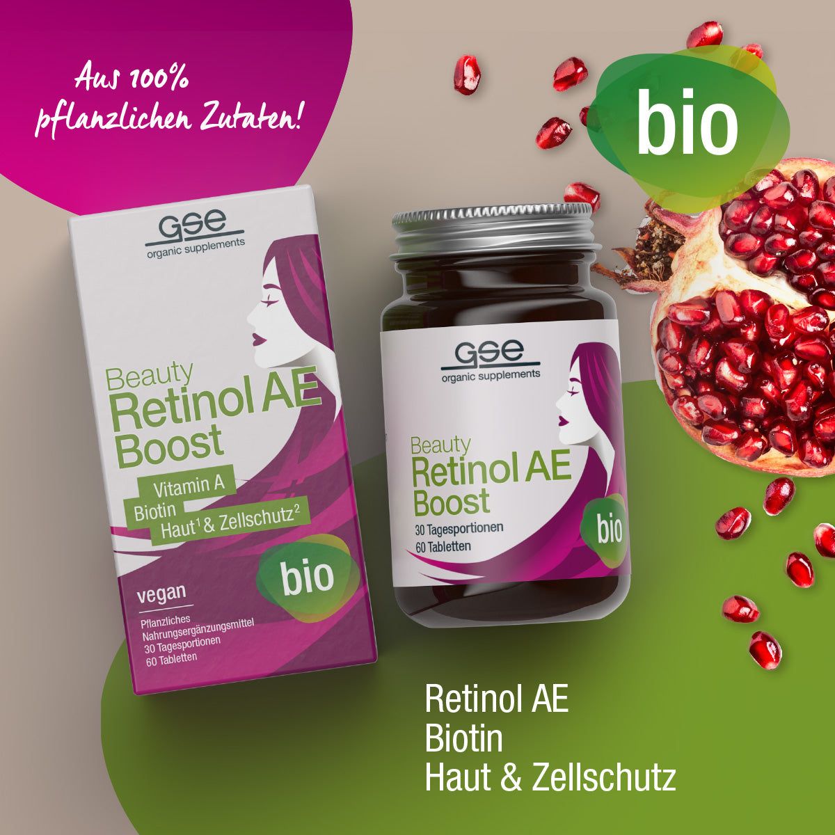 GSE Beauty Retinol AE-Boost Bio. Dose und Schachtel neben Granatapfel. Vegan, 60 Tabletten. Bio-Siegel.