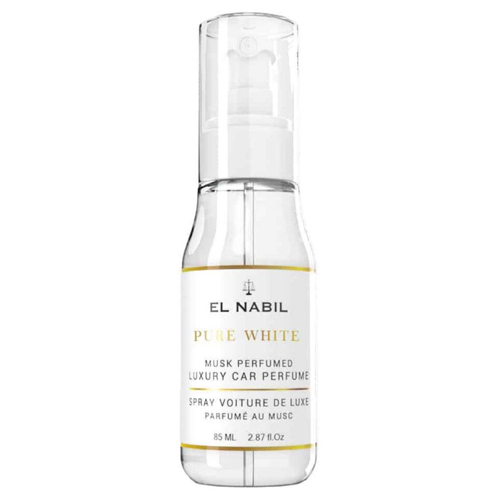 Transparente Flasche mit Sprühkopf. Aufschrift: EL NABIL, PURE WHITE, MUSK PERFUMED LUXURY CAR PERFUME, SPRAY VOITURE DE LUXE, PARFUME AU MUSC.