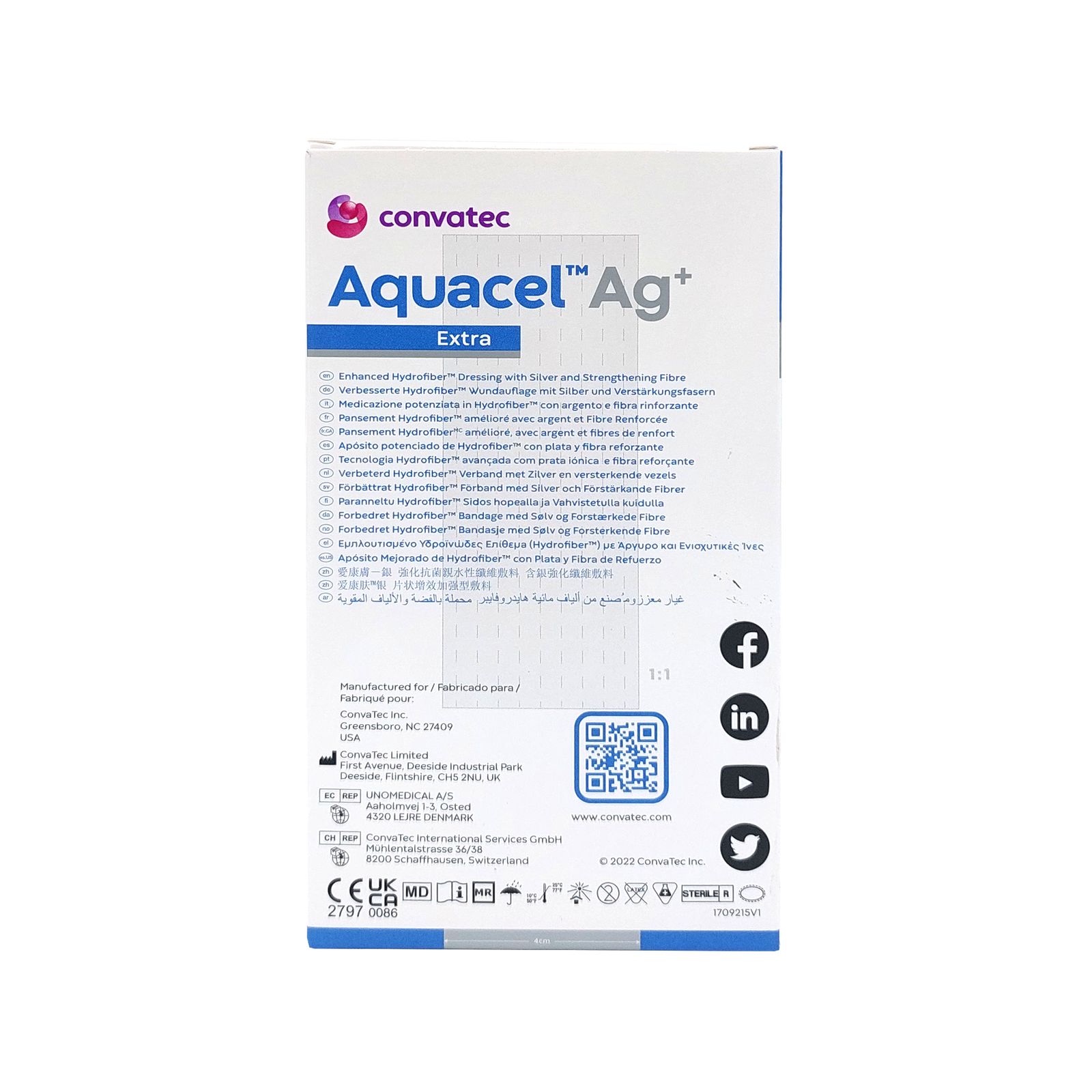 Verpackung von AQUACEL Ag+ Extra Kompressen. Weißer Karton mit Produktnamen und Logo. Enthält QR-Code und Kontaktinformationen.