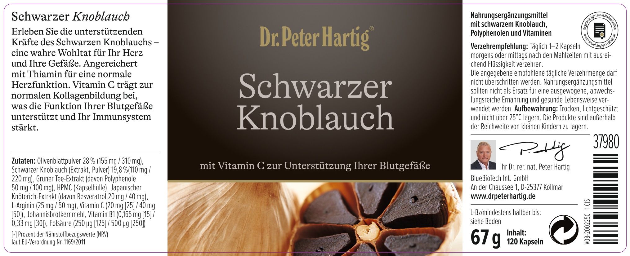 Etikett mit Produktinformationen: Dr. Peter Hartig Schwarzer Knoblauch. Abbildung von Knoblauch. Inhaltsstoffe und Nährwerte.