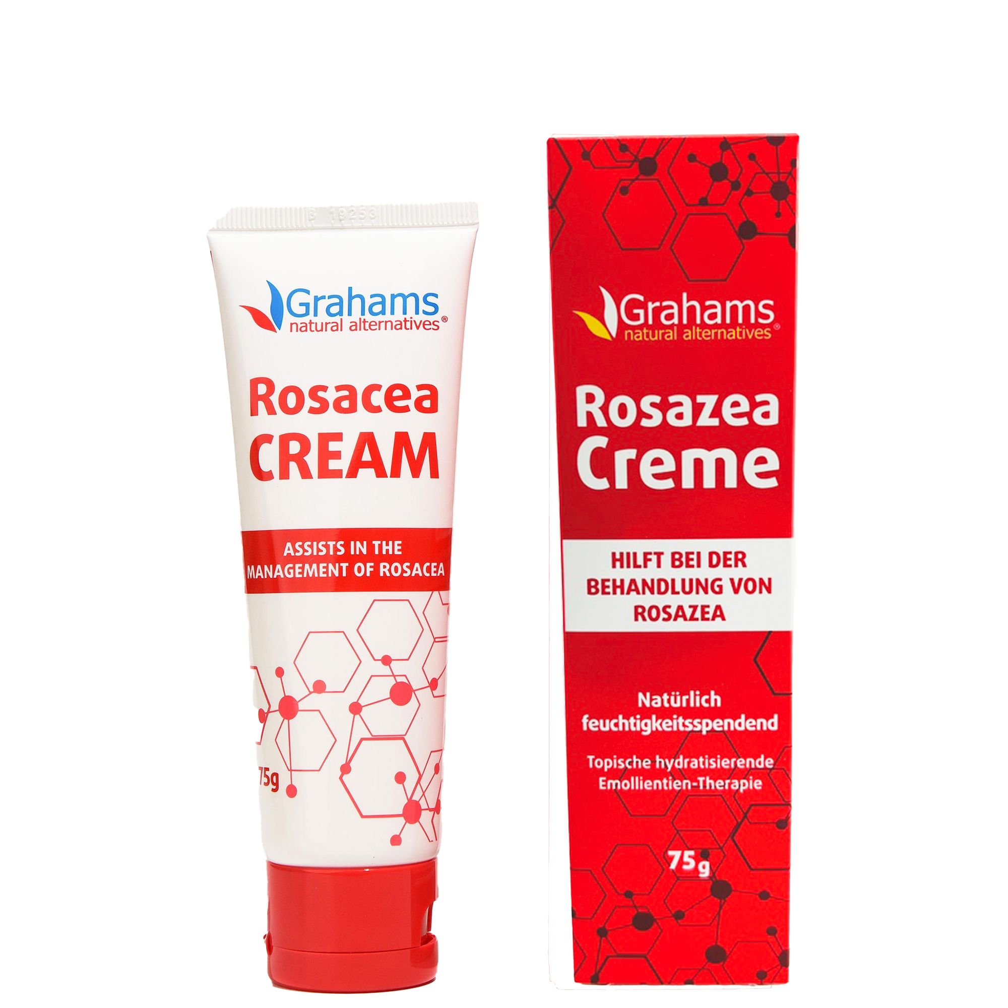 Creme-Tube und Schachtel. Text: Grahams Rosacea Creme. Hilft bei Rosazea. 75g.