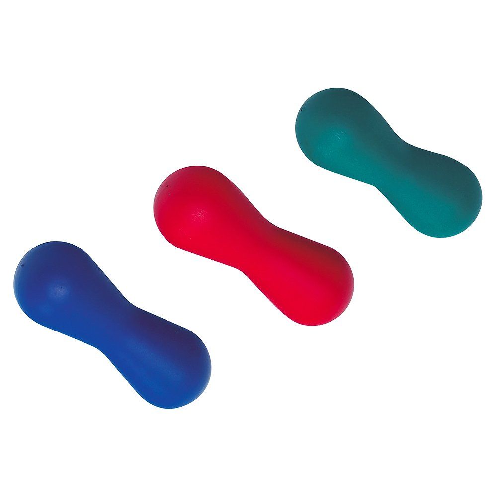 Drei Handtrainer in Erdnussform. Farben: blau, rot, grün. Auf weißem Hintergrund.
