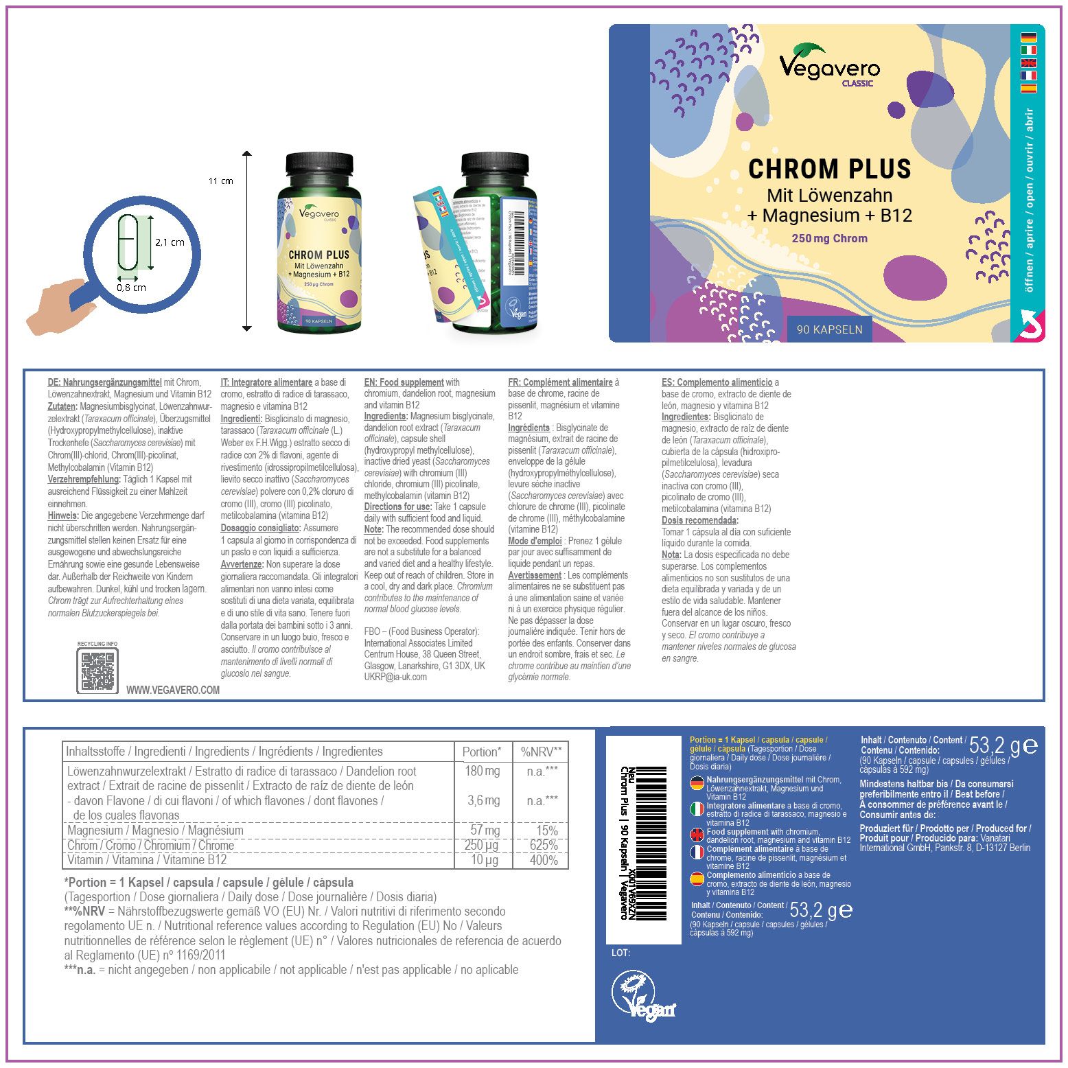 Produktverpackung mit Flasche, Kapsel und Packungsbeilage. Text in Deutsch, Englisch, Französisch, Italienisch, Niederländisch.