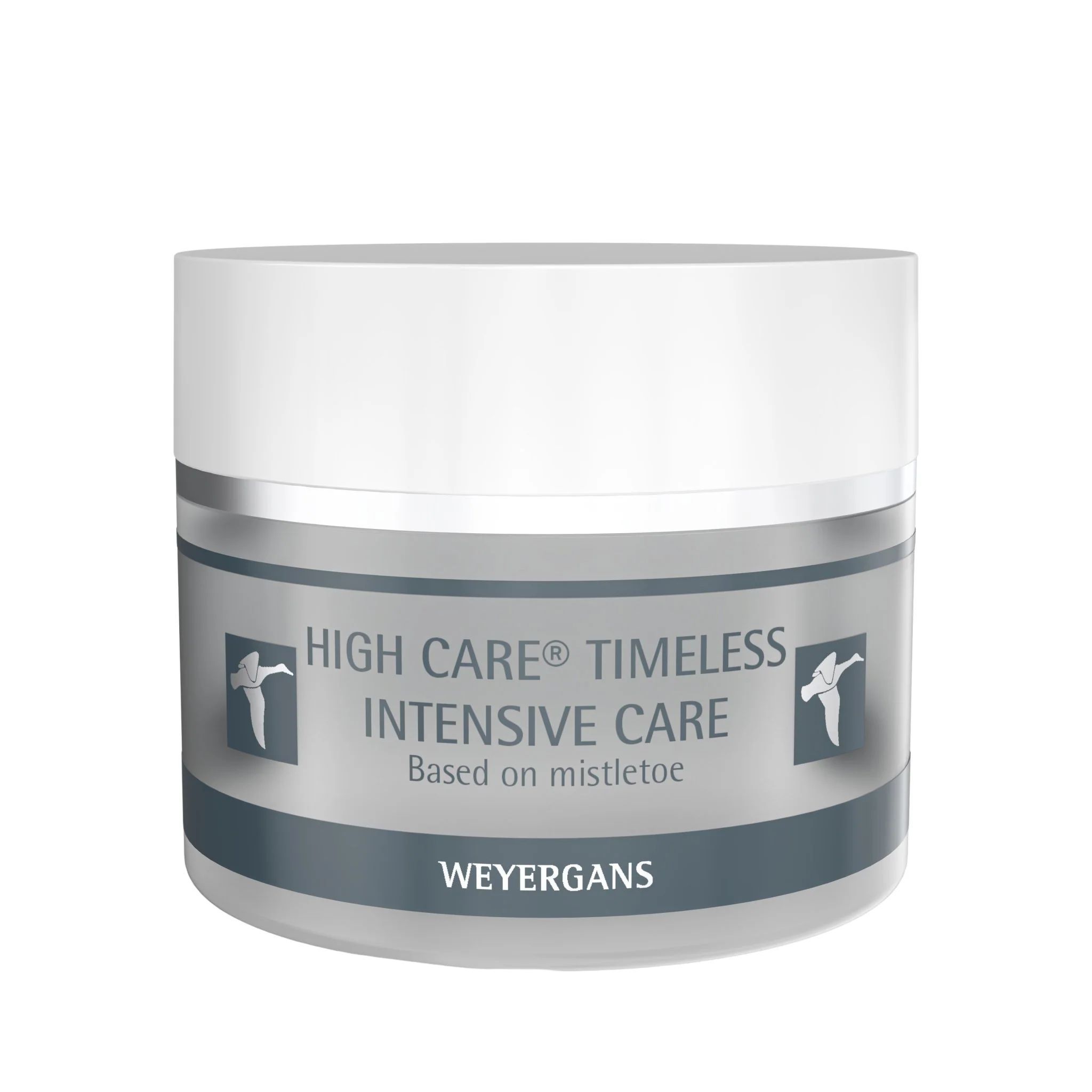 Creme-Tiegel mit silberfarbenem Rand und weißem Deckel. Aufschrift: HIGH CARE TIMELESS INTENSIVE CARE, Based on mistletoe, WEYERGANS.