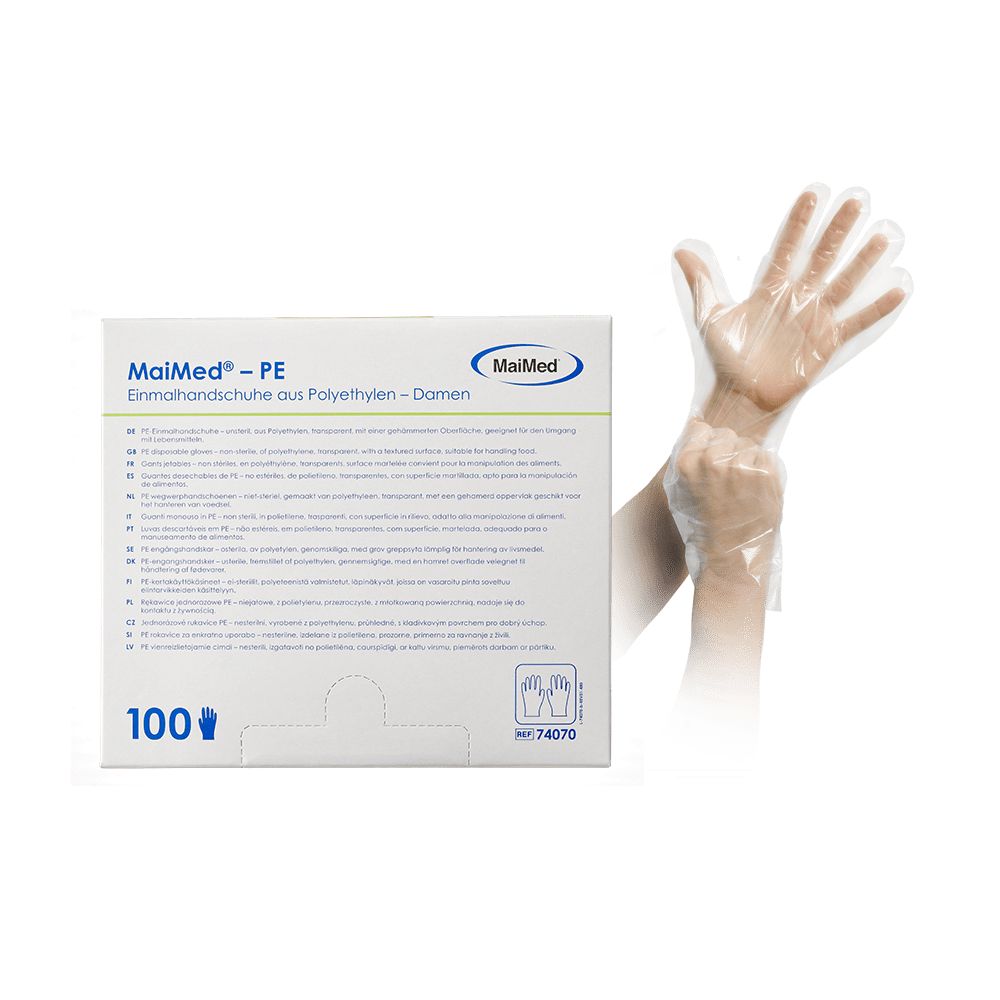 Box mit MaiMed-PE Einmalhandschuhen. Hände mit transparenten Handschuhen. Aufschrift: Damen, 100 Stück.