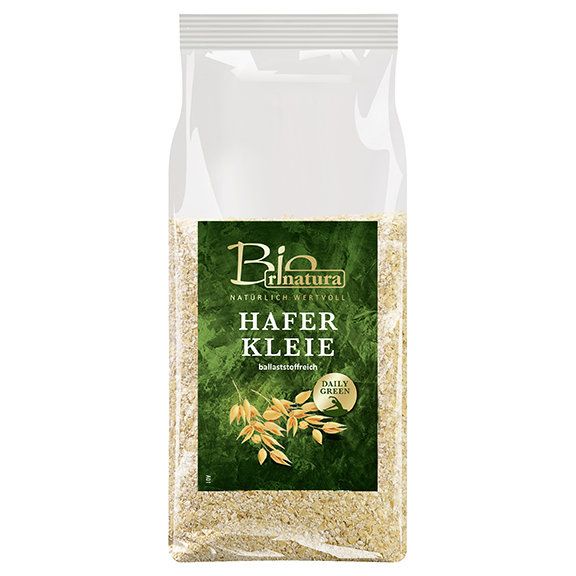 Transparente Verpackung mit Bio Rinatura Haferkleie. Aufdruck mit Produktname, Logo und grüner Hintergrund. "Daily Green"-Siegel.