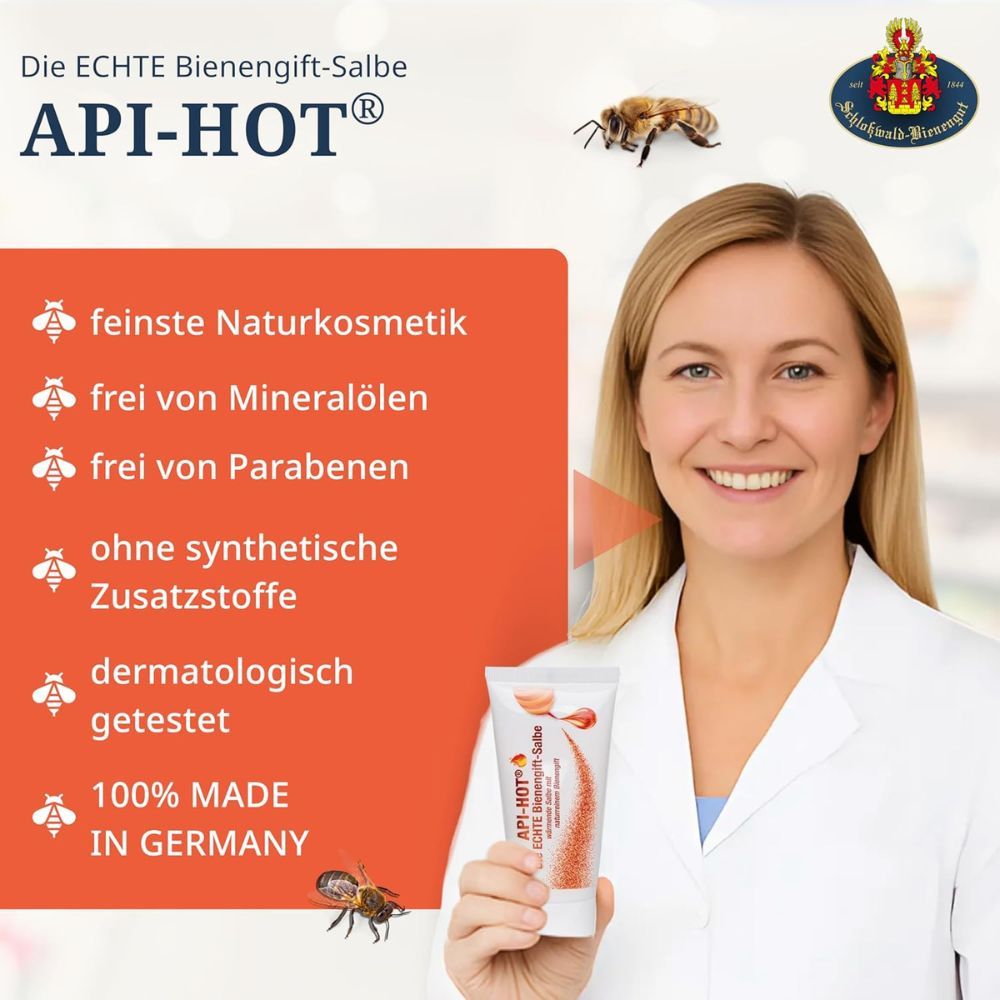 Frau hält API-HOT® Salbentube, Liste mit Vorteilen auf rotem Feld.