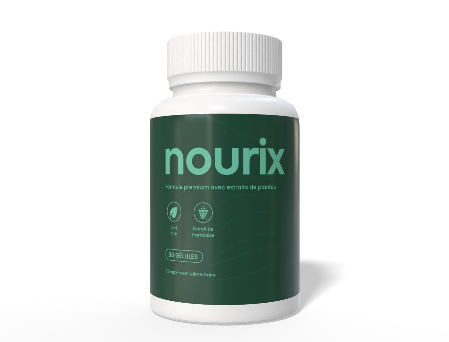 Weiße Flasche mit grünem Etikett. Aufschrift "nourix". Enthält 60 Kapseln. Premium-Formel mit Pflanzenextrakten. Nahrungsergänzungsmittel.