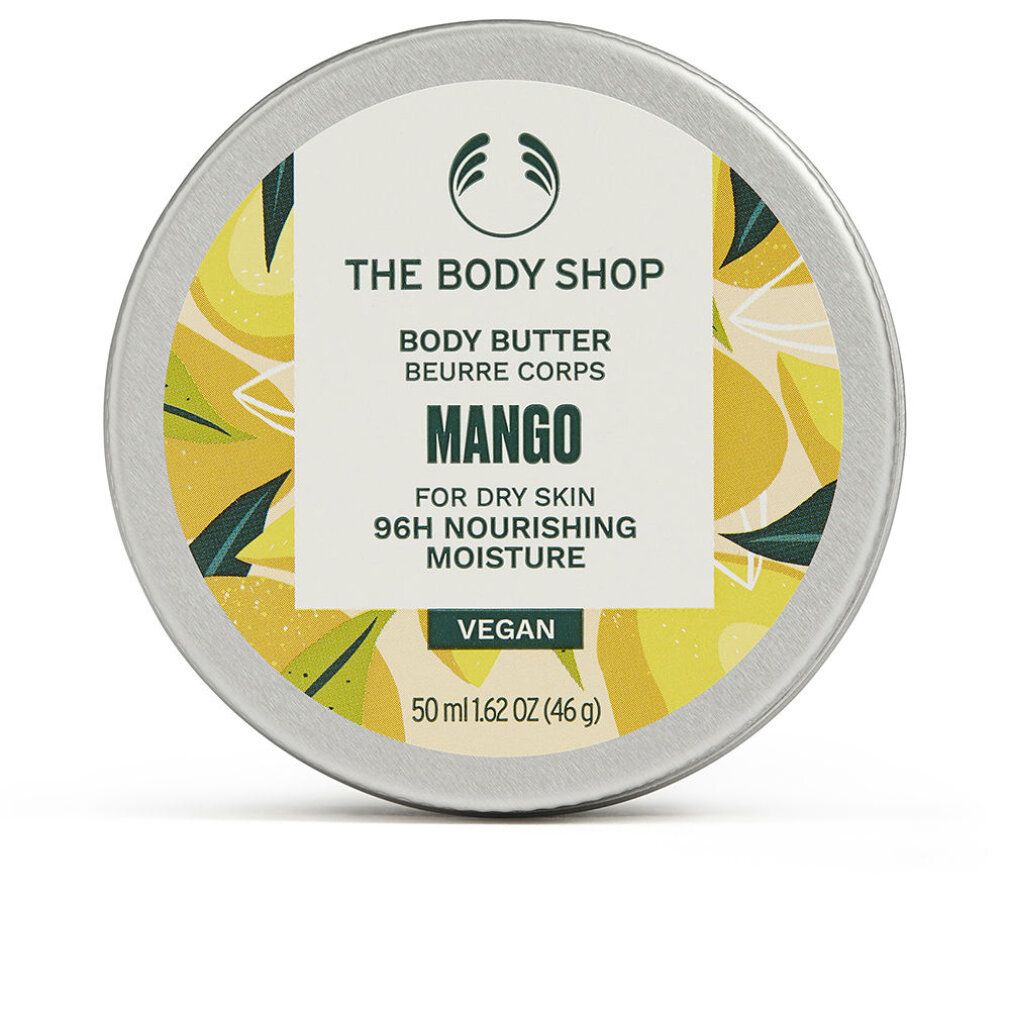 Runde Dose mit Etikett. Aufschrift: Body Butter Mango, für trockene Haut, 96h Feuchtigkeit. Vegan.