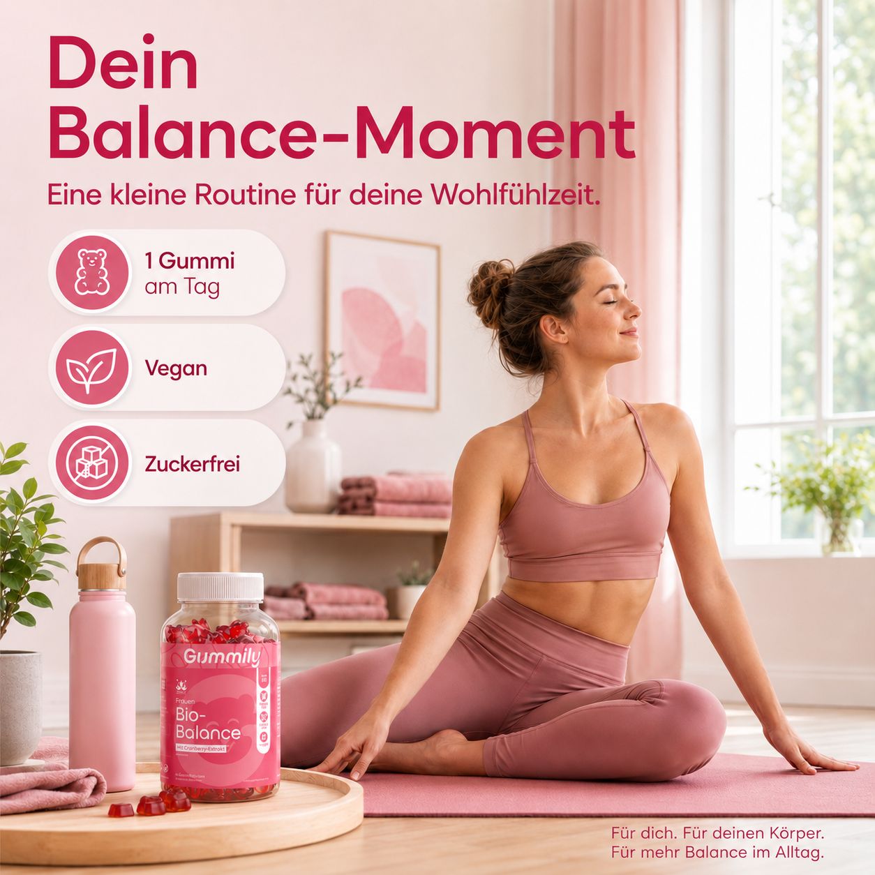 Frau in Yoga-Pose neben Gummily Frauen Bio-Balance Gummies Flasche.