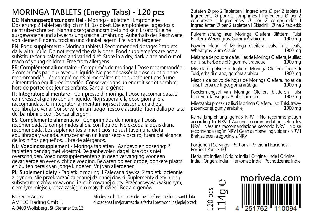 Rückseite der Tablettenpackung. Informationen zu Inhaltsstoffen, Dosierung, Nährwerten und Hersteller.