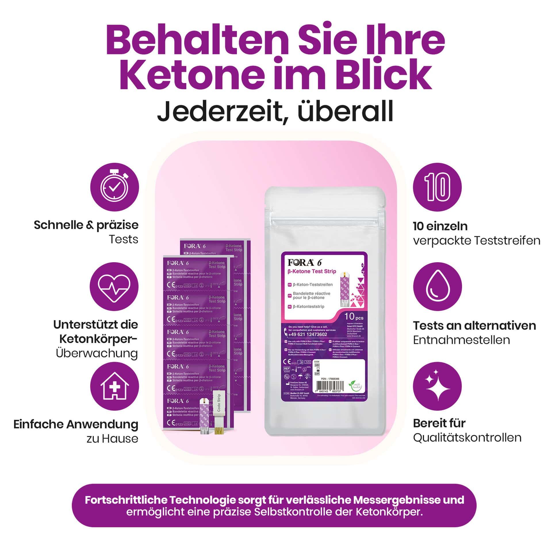 FORA 6 β-Ketone Teststreifen, 10 einzeln verpackte Streifen für schnelle und präzise Ketonkörper-Überwachung zu Hause.
