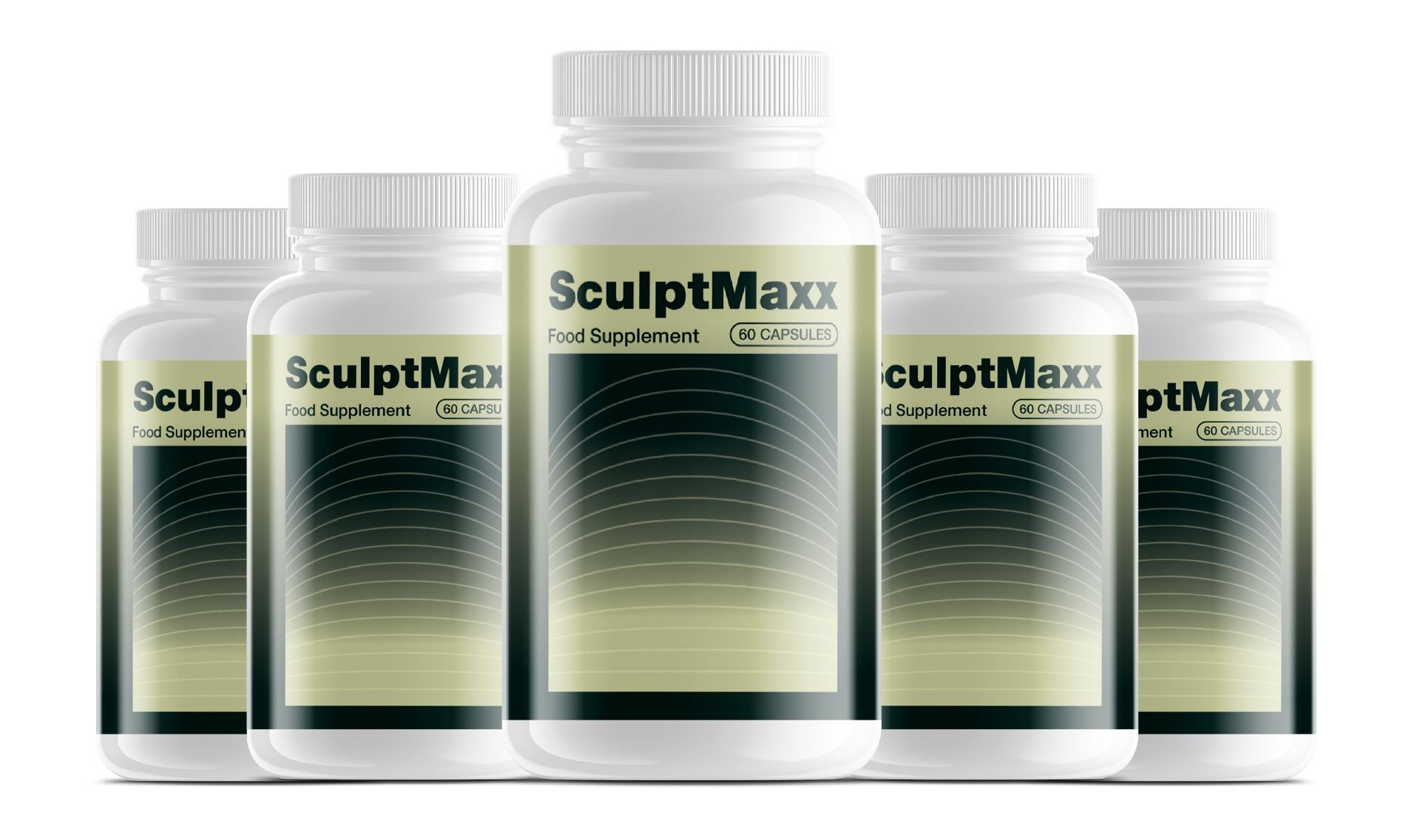 Fünf weiße Flaschen mit SculptMaxx-Etikett. Schriftzug: Food Supplement, 60 Capsules.