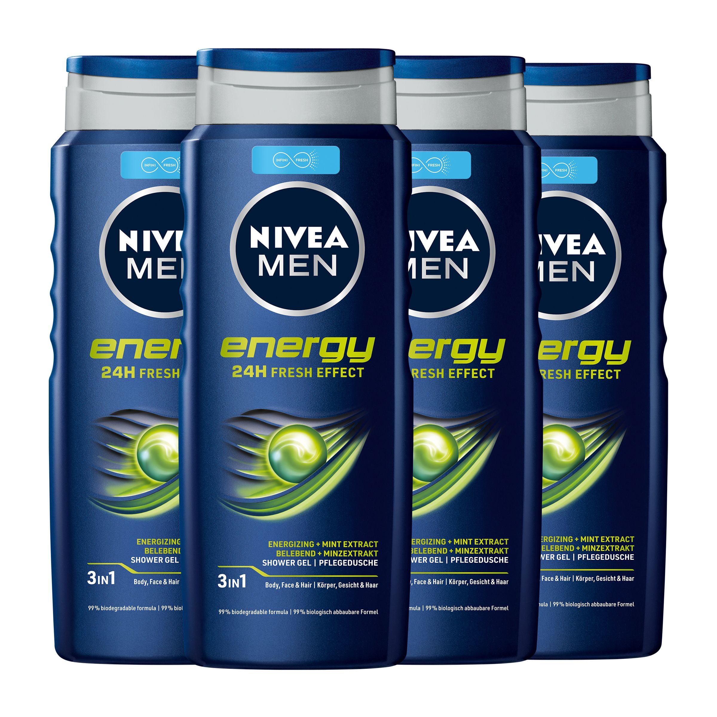 Vier Flaschen NIVEA MEN Energy 3in1 Duschgel. Blaue Flaschen mit weißem Deckel und Etikett. Text: Energy, 24H Fresh Effect.