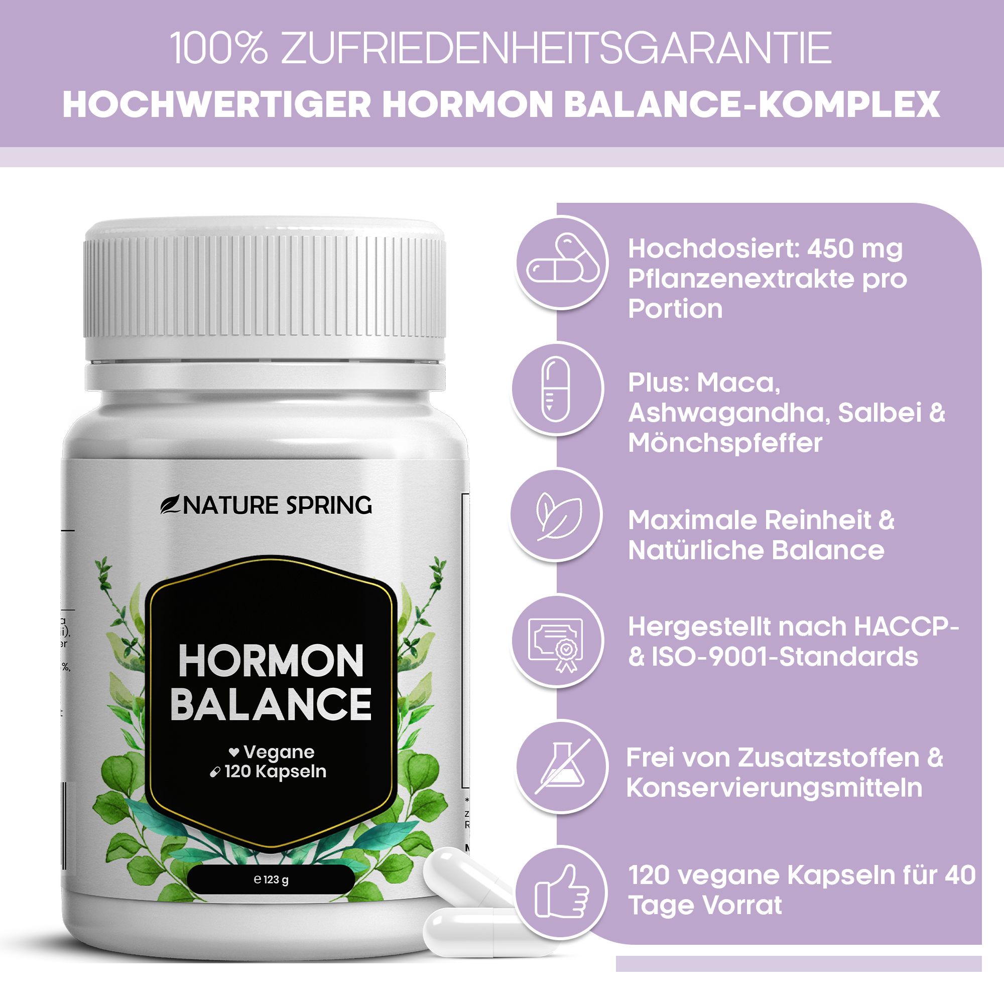 Weiße Flasche mit "Hormon Balance" Aufschrift, 120 vegane Kapseln. Enthält Pflanzenextrakte, Maca, Ashwagandha, Salbei, Mönchspfeffer. Hergestellt nach HACCP & ISO-9001.