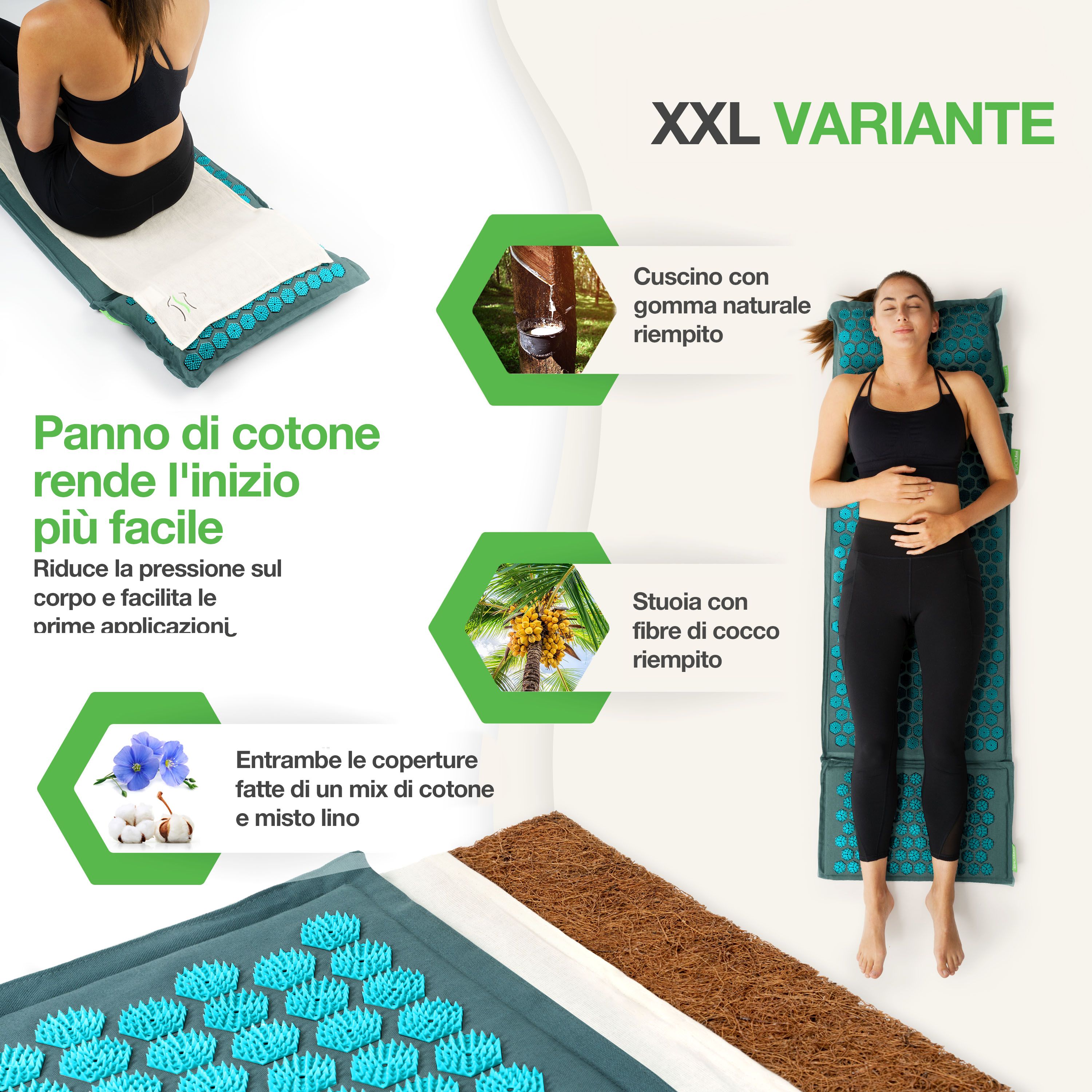 Donna sul tappetino per digitopressione. Testo: Il tessuto di cotone facilita l'inizio. Cuscino riempito con gomma naturale. Tappetino riempito con fibre di cocco.