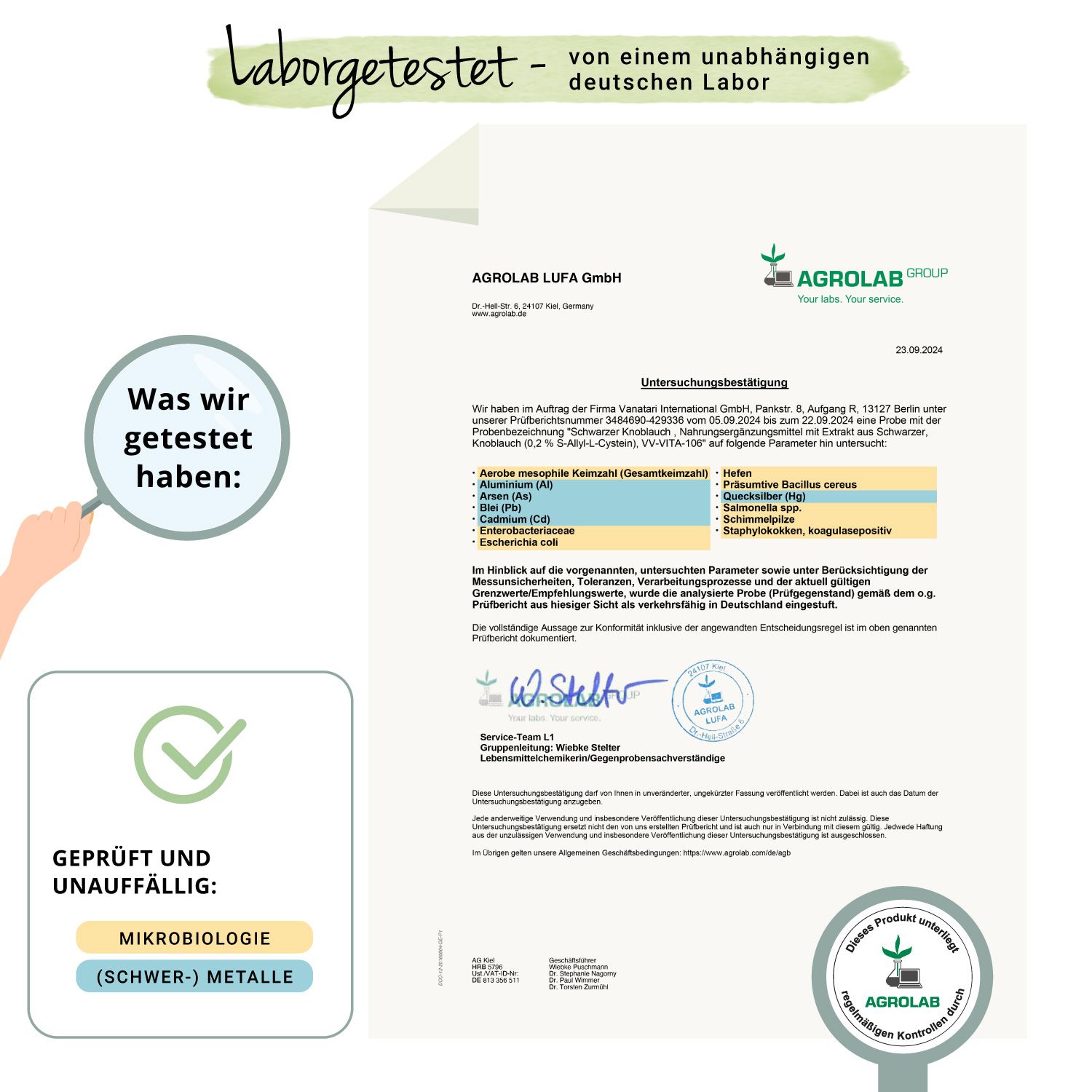 Zertifizierungsbericht von AGROLAB LUFA GmbH. Geprüft und unauffällig: Mikrobiologie, Schwermetalle. Siegel.
