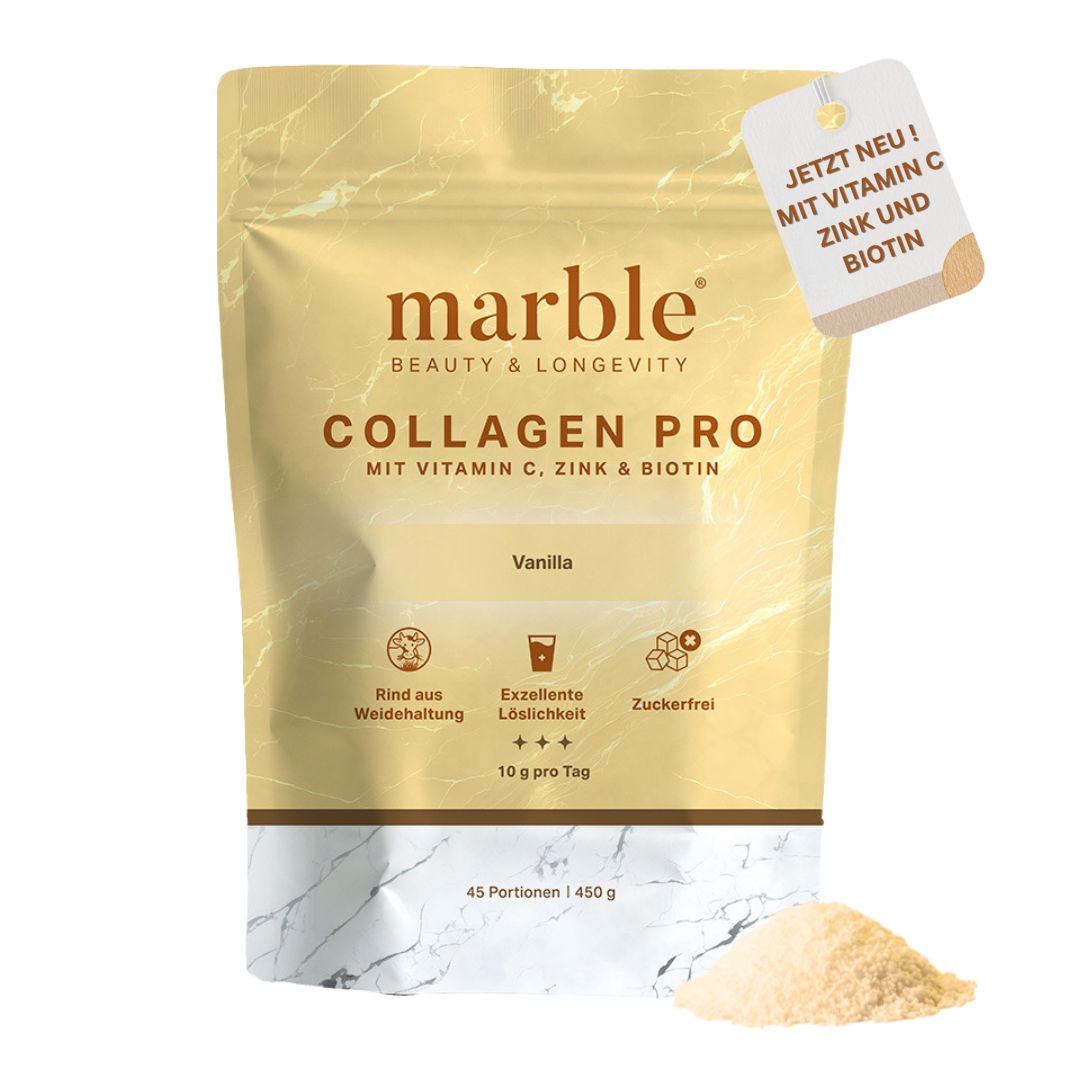 marble© Collagen Pro Verpackung mit Text: Collagen Pro, Vanille, Vitamin C, Zink & Biotin. Mit Pulver.
