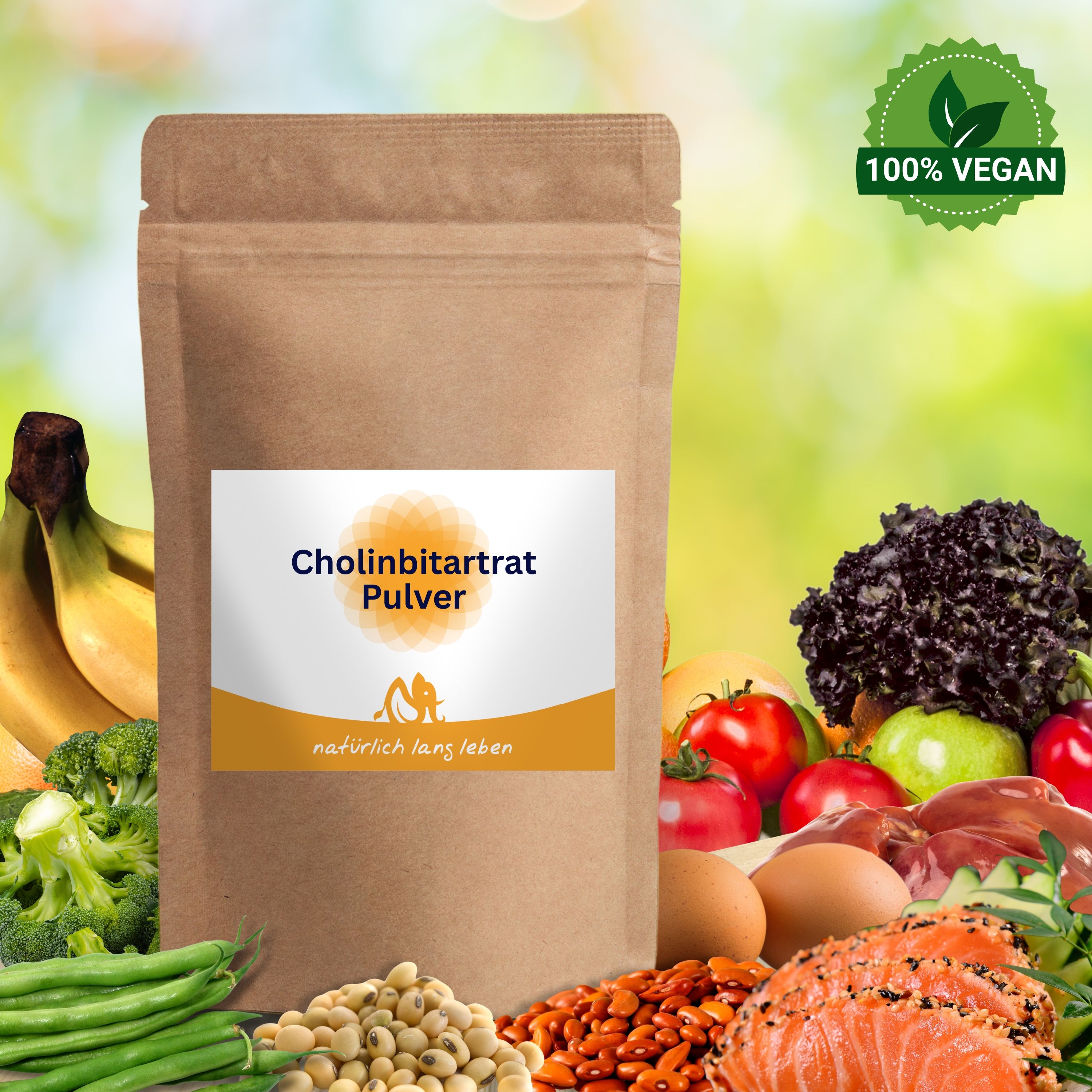 Braune Tüte mit Etikett. Aufschrift: Cholinbitartrat Pulver. Umgeben von Gemüse, Obst und veganem Siegel.