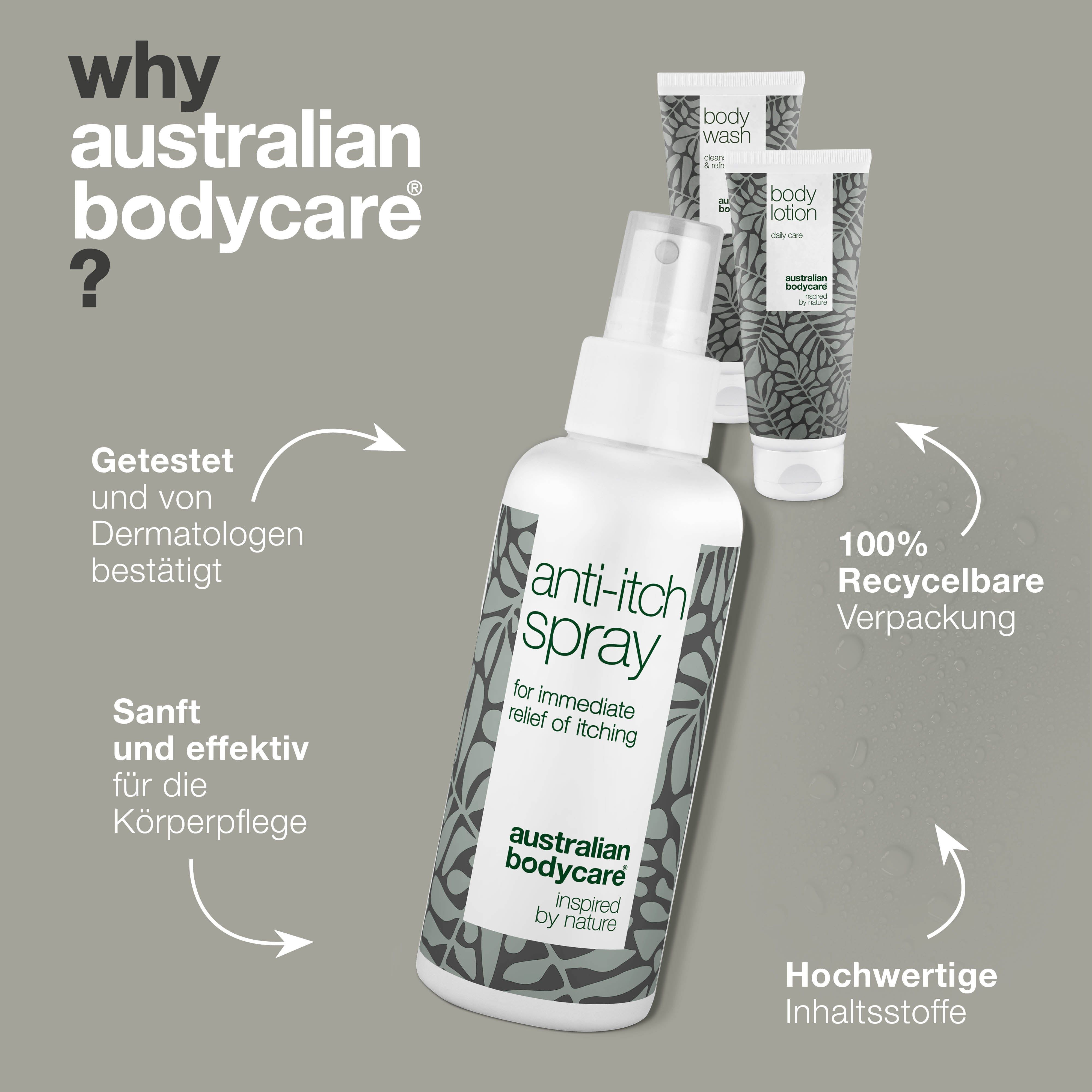 Anti-Juckreiz-Spray von Australian Bodycare. Weiße Flasche mit Sprühkopf. Zwei weitere Produkte im Hintergrund.