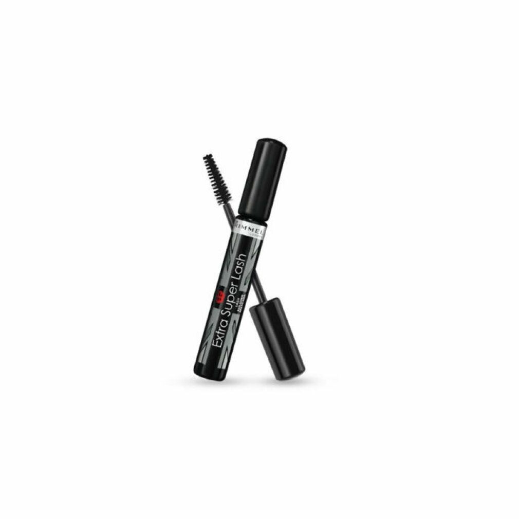 Mascara-Tube und Bürste. Bürste an Tube gelehnt. Aufschrift: Extra Super Lash. Schwarzer Deckel und Griff.