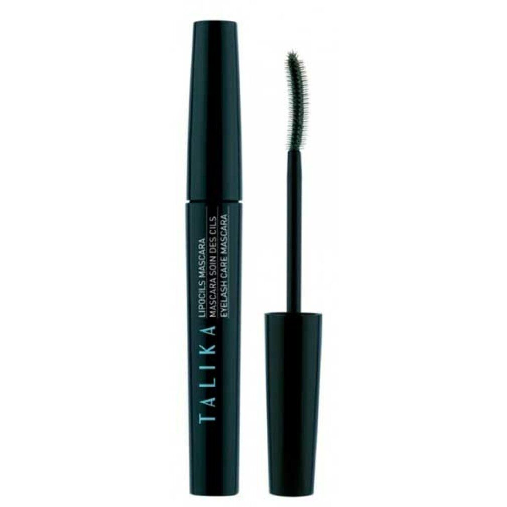 Schwarze Mascara-Tube mit Bürste. Aufschrift: TALIKA LIPOCILS MASCARA. Schwarze Mascara-Bürste.