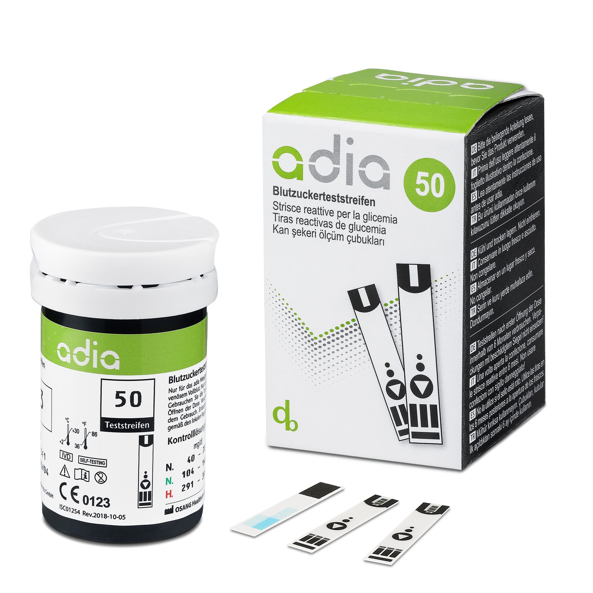 adia Blutzuckerteststreifen (60 Stück) mit Messgerät (mmol/L) und 110 Lanzetten als Komplett-Set