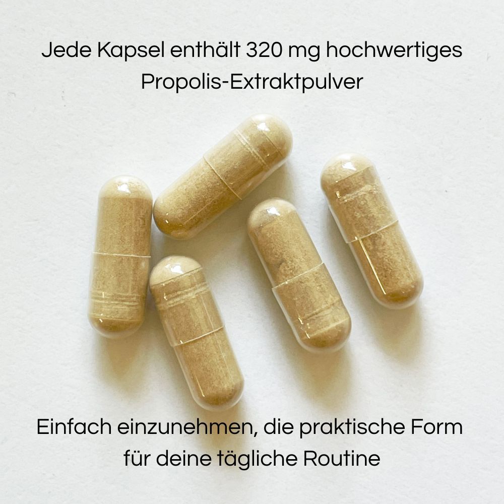 Fünf Kapseln auf weißem Hintergrund. Text: Jede Kapsel enthält 320 mg hochwertiges Propolis-Extraktpulver. Einfach einzunehmen, die praktische Form.