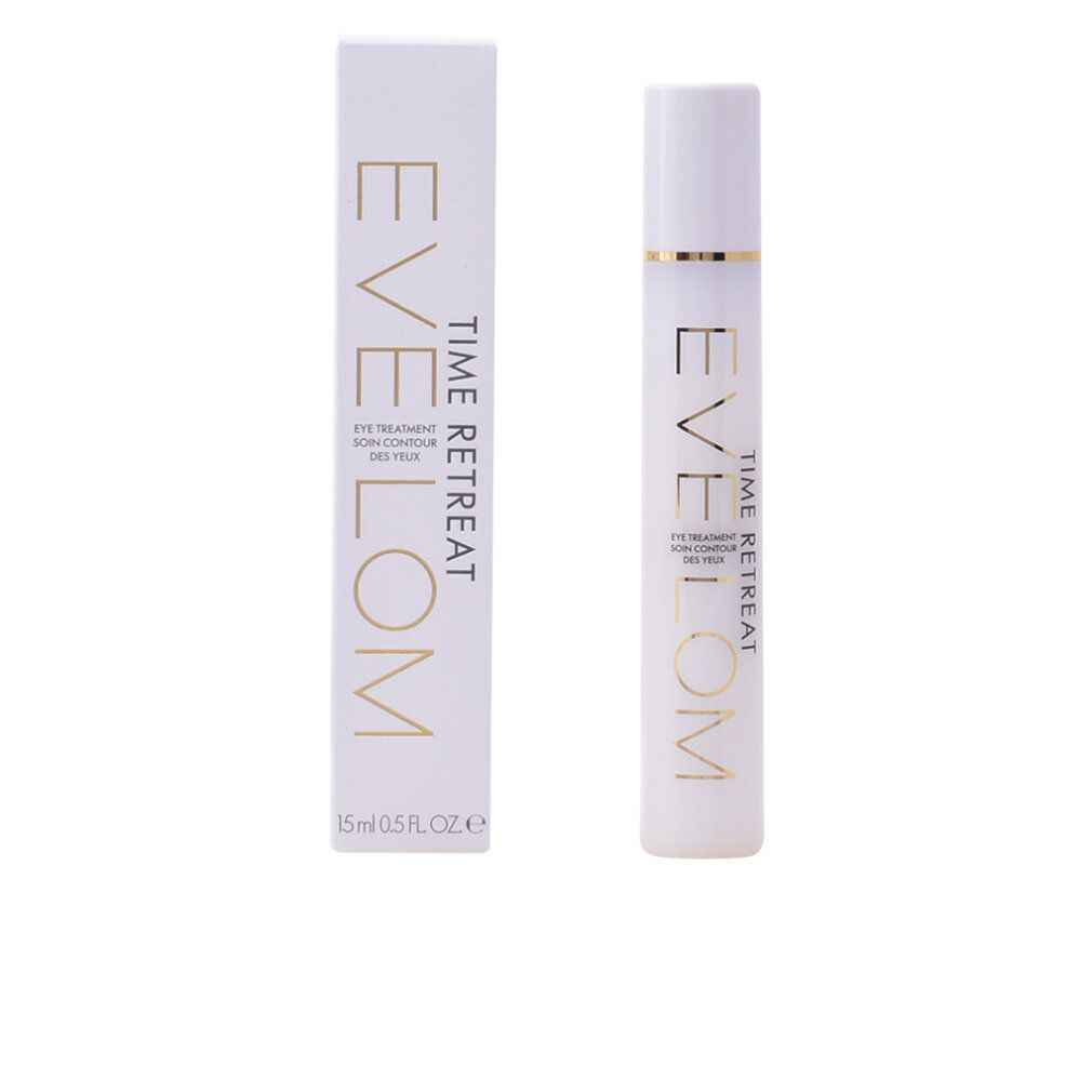Produkt und Verpackung. Weiß mit goldenem Schriftzug. Aufschrift: EVE LOM, TIME RETREAT, EYE TREATMENT, 15 ml.