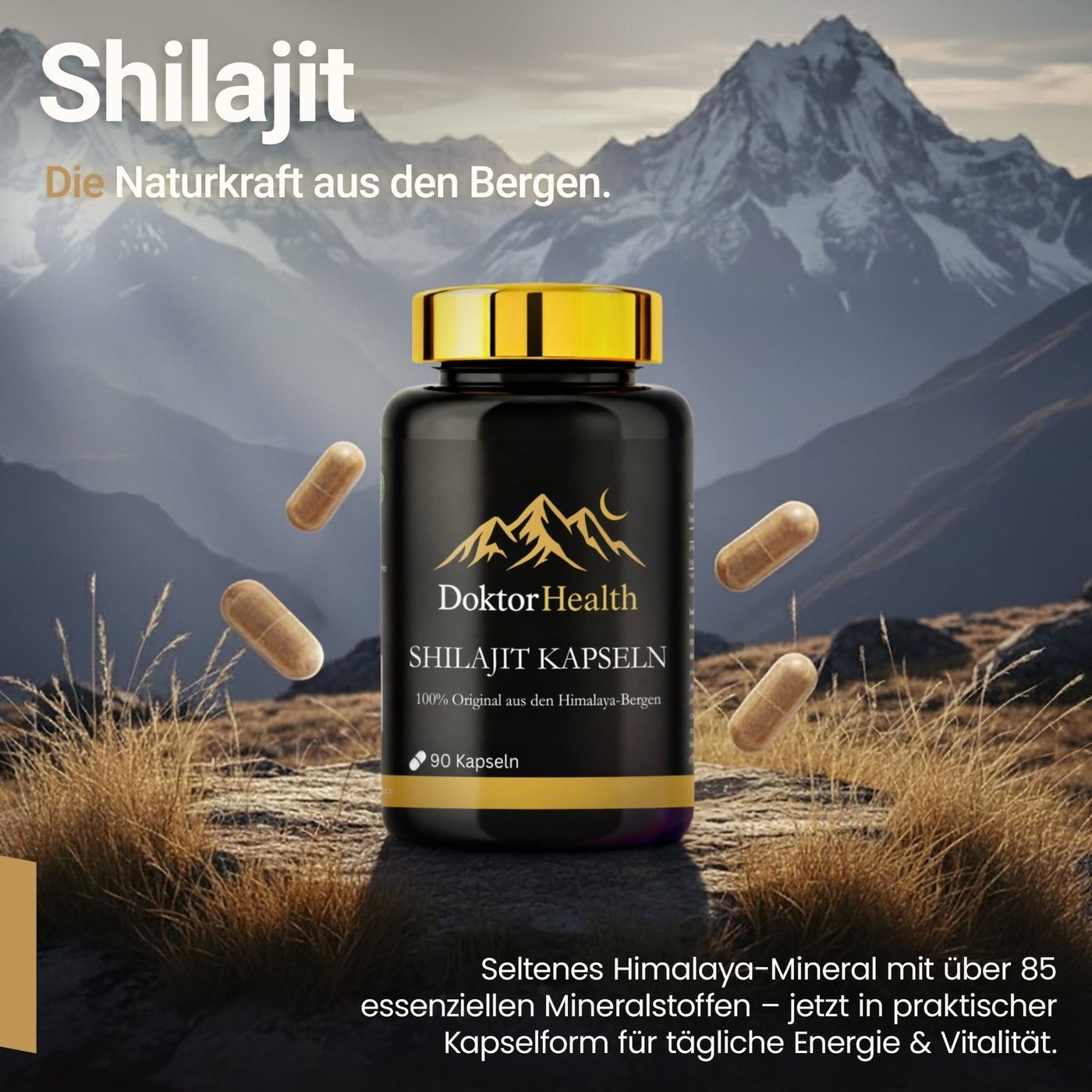 Schwarze Flasche mit goldenem Deckel und Kapseln. Aufschrift: Doktor Health Shilajit Kapseln.
