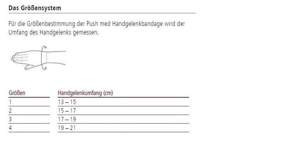 Größentabelle für Handgelenkbandage. Größen 1-4, Handgelenkumfang in cm angegeben. Illustration einer Hand.
