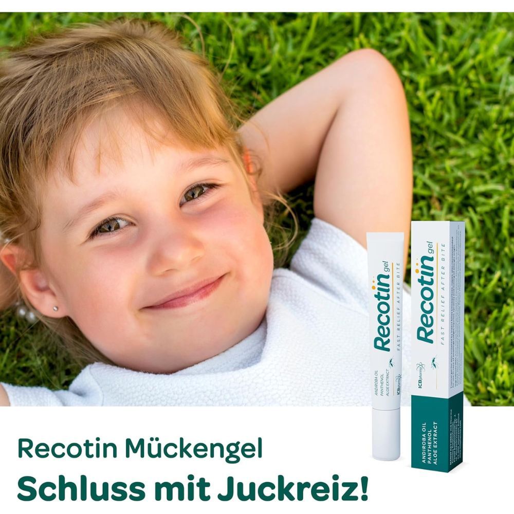 Kind liegt im Gras. Text: Recotin Mückengel, Schluss mit Juckreiz! Recotin Gel Tube und Verpackung.