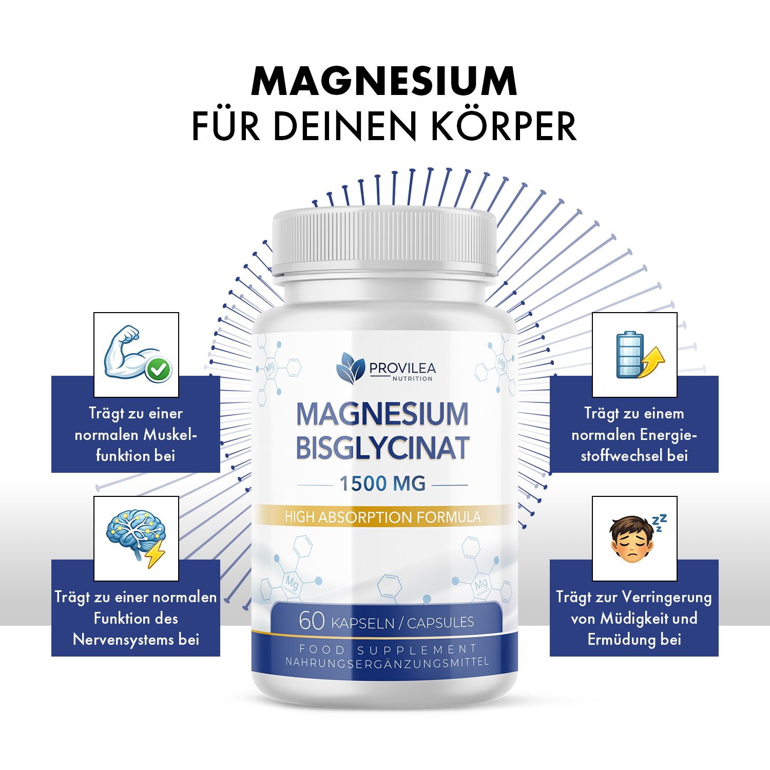 Flasche Magnesiumbisglycinat 1500 MG, 60 Kapseln. Text: Trägt zu normaler Muskelfunktion, Nervensystem und Energiestoffwechsel bei.
