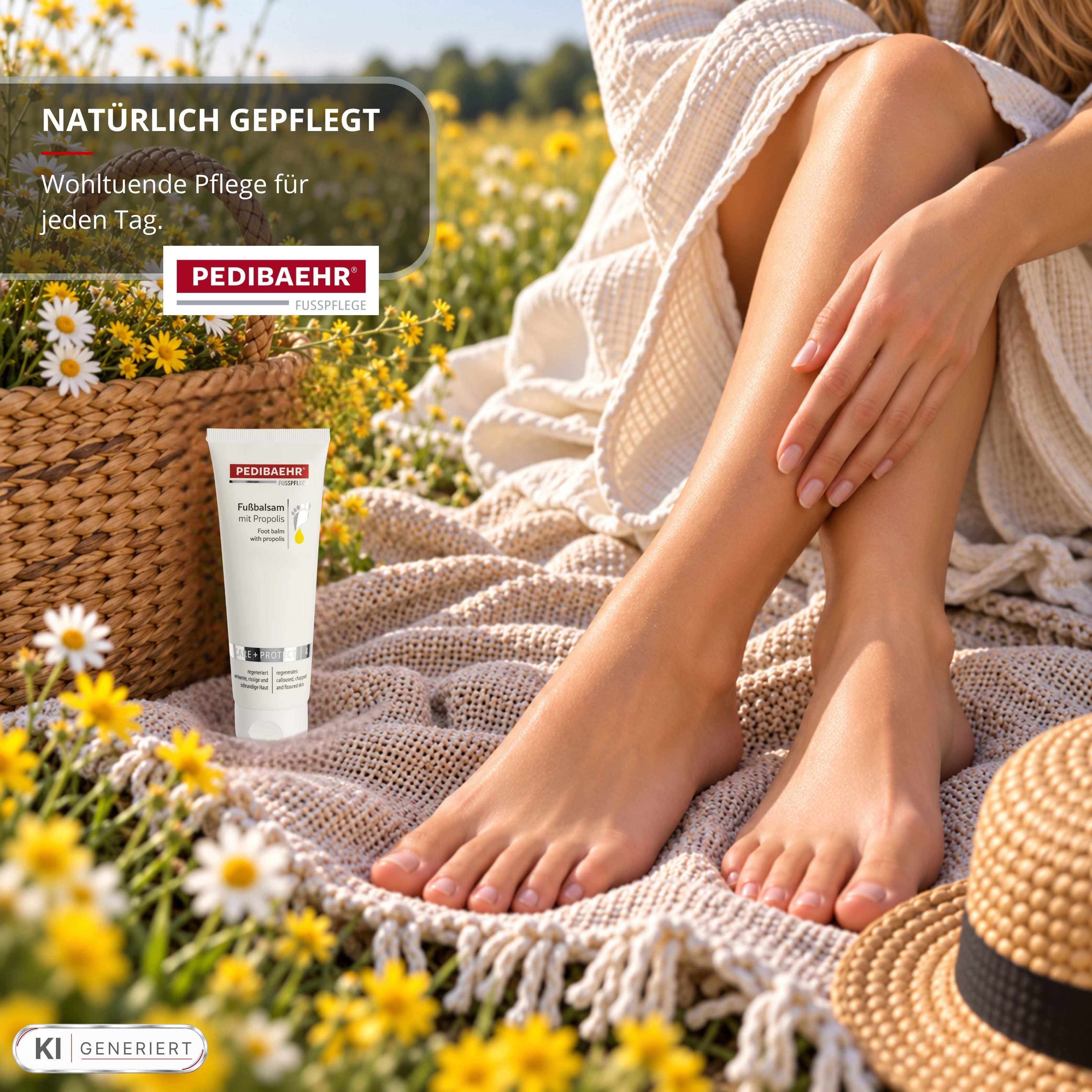 Pedibaehr Fußbalsam mit Propolis Tube in einer Blumenwiese.