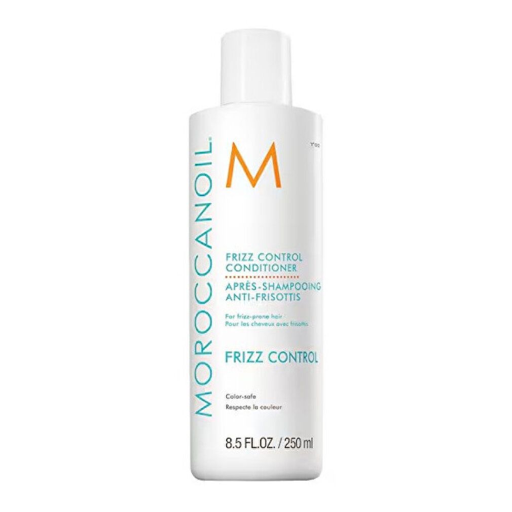 Weiße Flasche. Aufschrift: Frizz Control Conditioner. Marke: Moroccanoil. Volumen: 250 ml.