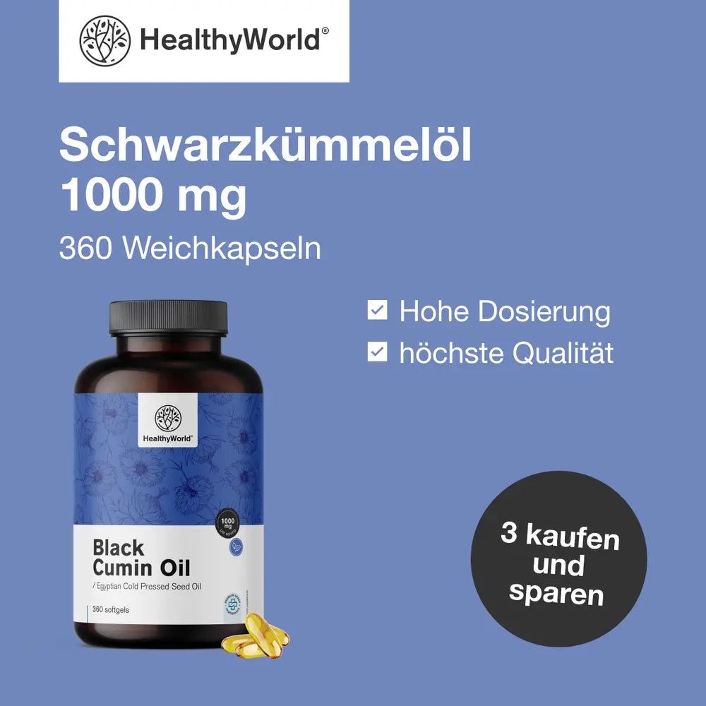 Produktabbildung: Flasche mit Kapseln. Text: Schwarzkümmelöl 1000 mg, 360 Weichkapseln. Angebot: 3 kaufen und sparen.