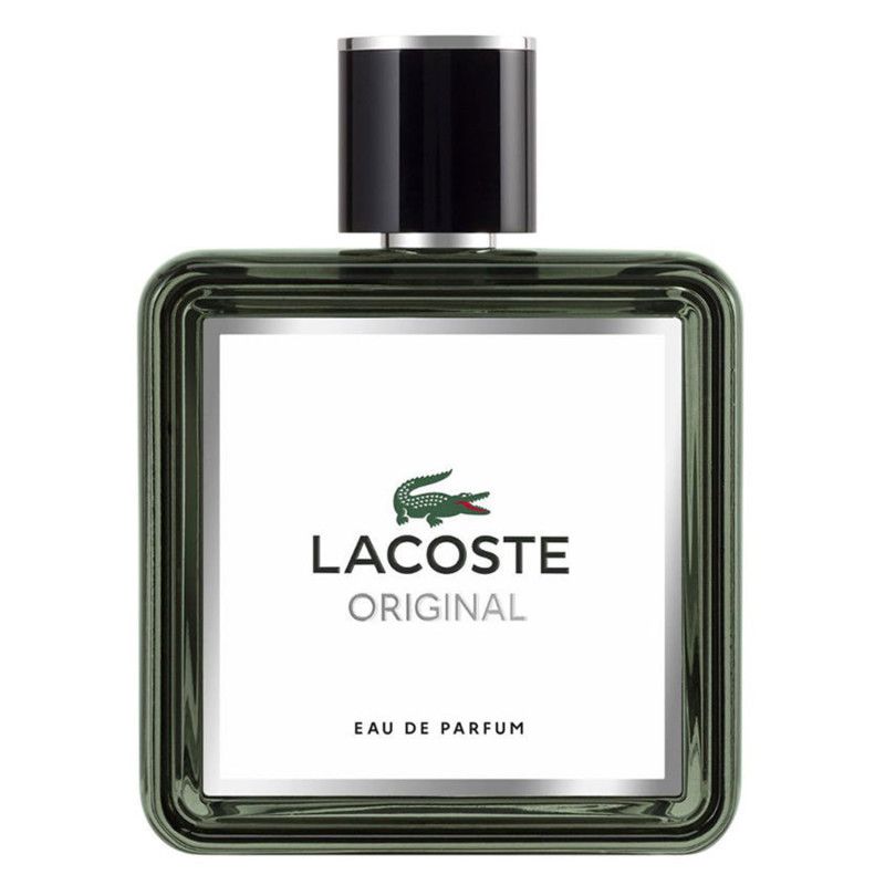 Lacoste Original Eau de Parfum Flakon mit schwarzem Verschluss und silbernem Ring. Grüne Umrandung, weißes Etikett mit Krokodil-Logo.