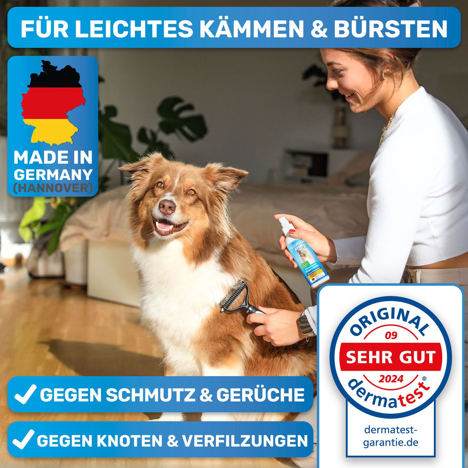 Frau sprüht Fellpflege Spray auf einen Hund. Der Hund wird mit einer Bürste gekämmt. Auf dem Etikett ist ein Dermatest-Siegel abgebildet.