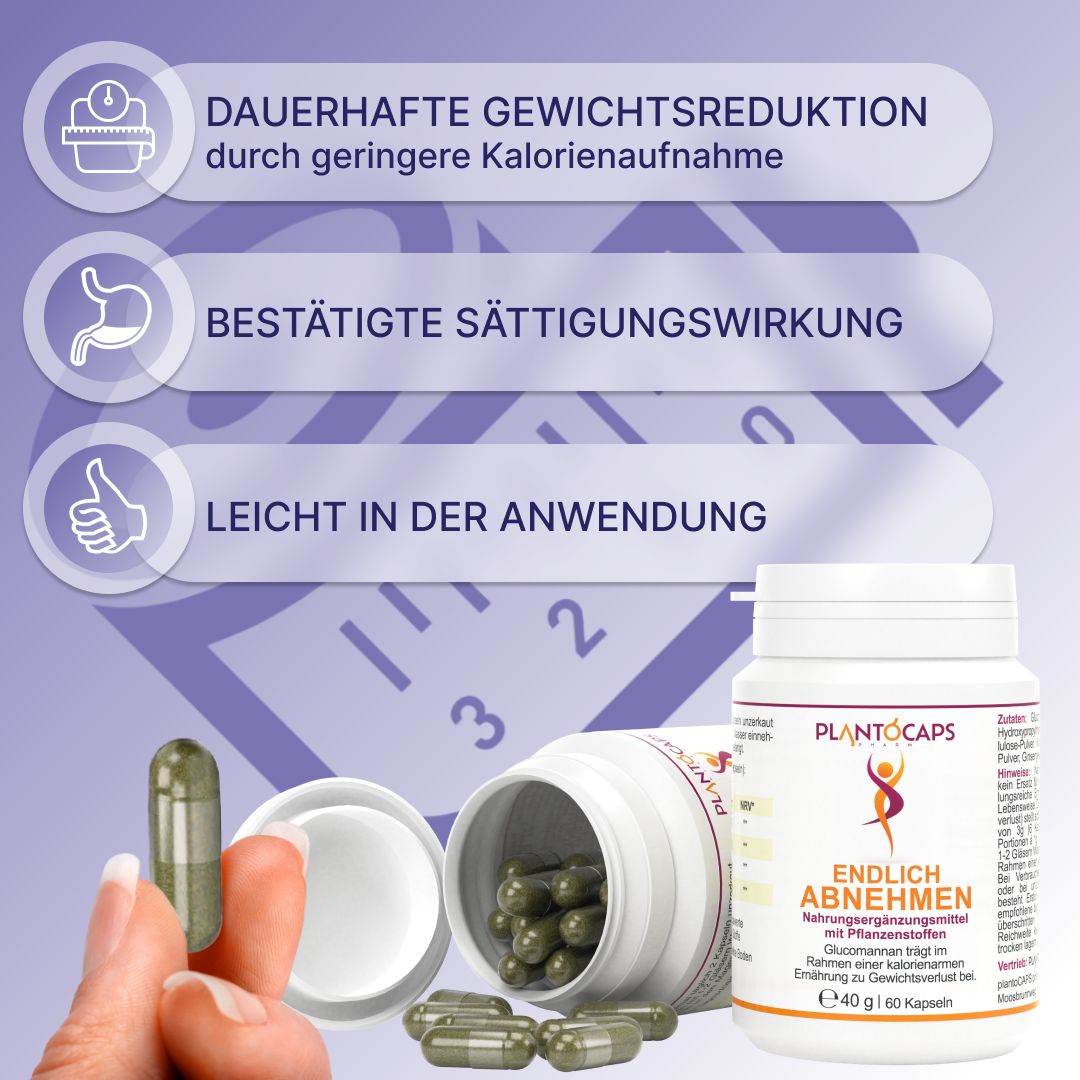 Hand hält Kapsel. Weiße Flasche mit Kapseln. Aufschrift: plantoCAPS, ENDLICH ABNEHMEN. Grafiken zu Gewichtsreduktion.