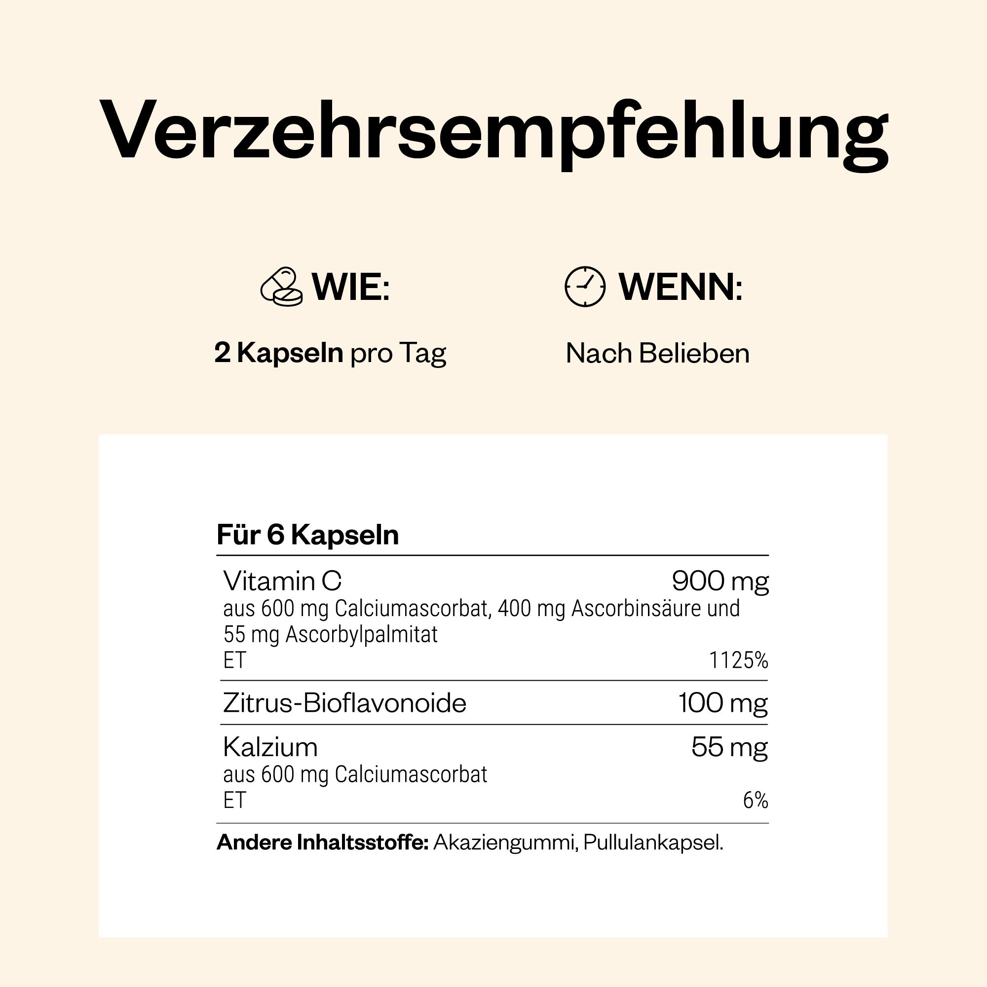 Verzehrempfehlung: 2 Kapseln pro Tag. Enthält Vitamin C, Citrus-Bioflavonoide und Kalzium. Akaziengummi, Pullulankapsel.