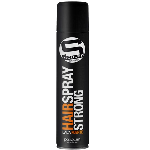 Haarspray-Dose, schwarz mit weißem 'S' Logo. Schriftzug 'HAIRSPRAY STRONG' und 'LACA FUERTE'. Marke 'PostQuam'.