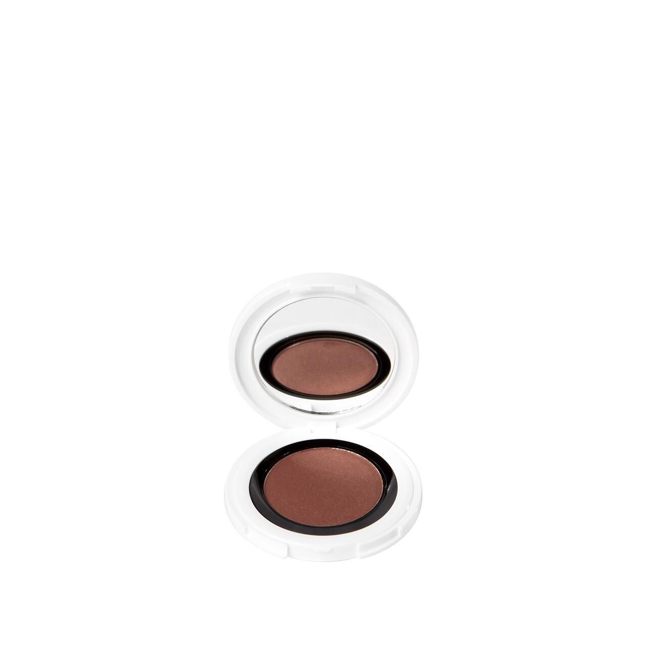 Offene, runde Lidschatten-Dose mit Spiegel. Brauner Lidschatten in der Dose.